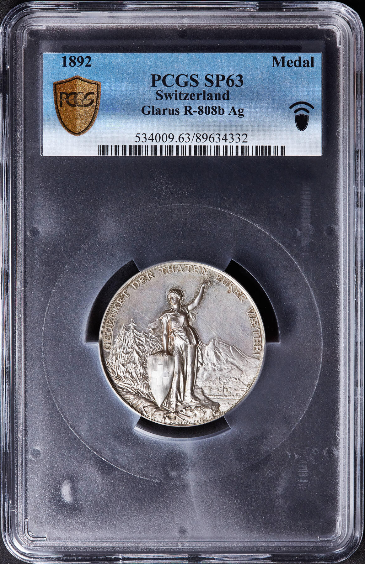 【俄甄集藏】满园春色-2026年(051)04-22星期三 晚 19:30 全场包邮 瑞士1892年纪念格拉鲁斯射击节大银章，PCGS SP63，黄油包浆，高浮雕，类精制底板，直径：45mm