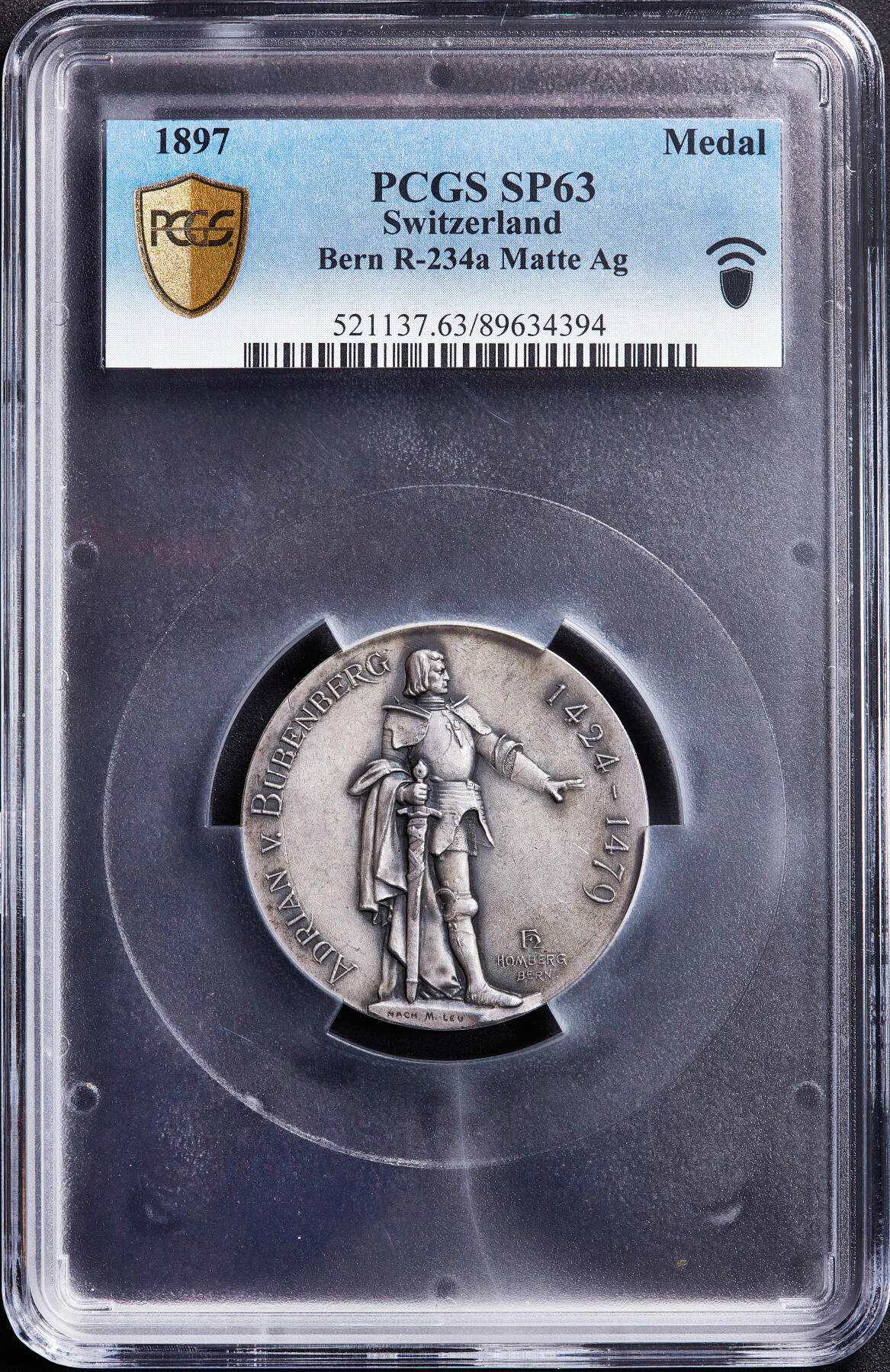 【俄甄集藏】满园春色-2026年(051)04-22星期三 晚 19:30 全场包邮 瑞士1897年纪念伯尔尼射击节大银章，PCGS SP63，黄油彩包浆，高浮雕，经典品种品种，正面图案为伯尔尼历史英雄阿德里安·冯·布本贝格，直径：45mm