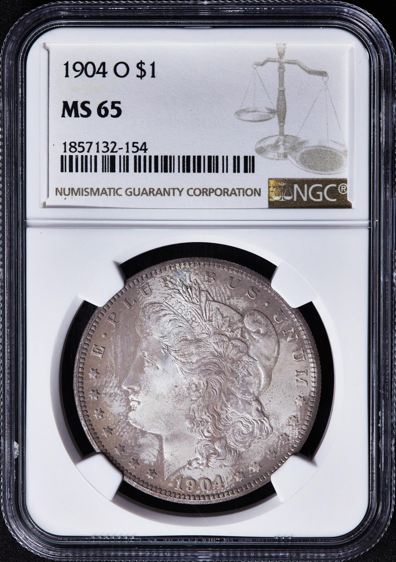 【俄甄集藏】满园春色-2026年(051)04-22星期三 晚 19:30 全场包邮 美国1904年O版摩根1美元大银币，NGC MS65，原味包浆，底板凝霜，顶级转光