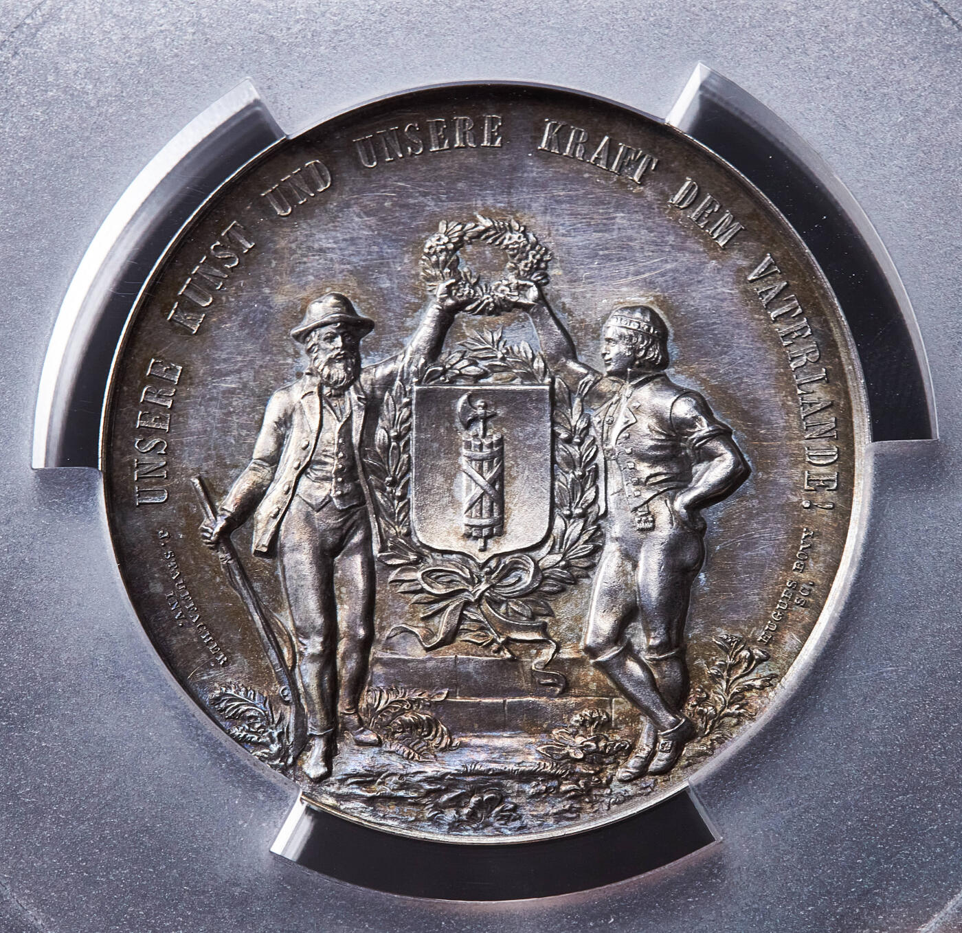 【俄甄集藏】满园春色-2026年(051)04-22星期三 晚 19:30 全场包邮 瑞士1891年纪念埃布纳特-卡佩尔射击节大银章，PCGS SP63，黄油彩包浆，高浮雕，类精制底板，设计精美，季军，直径：45mm