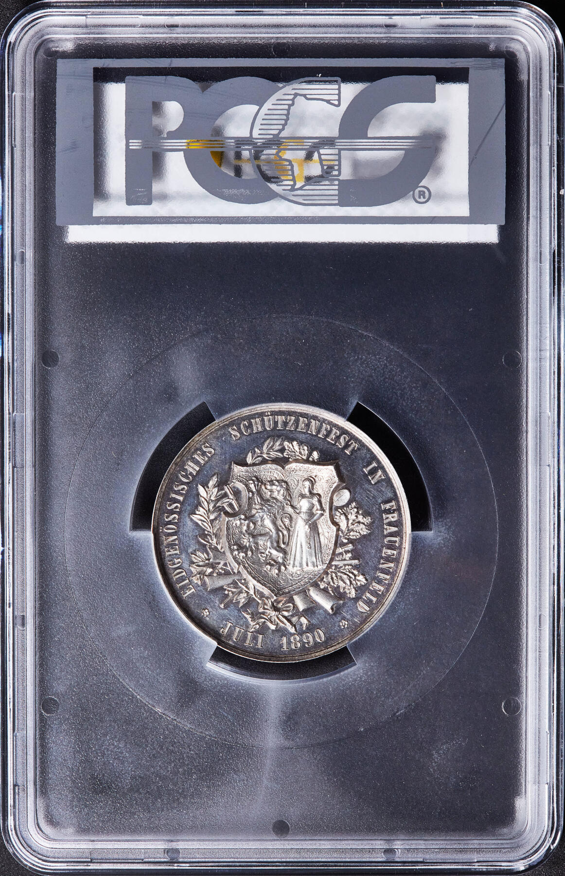 【俄甄集藏】满园春色-2026年(051)04-22星期三 晚 19:30 全场包邮 瑞士1890年纪念图尔高射击节大银章，PCGS SP63，黄油彩包浆，高浮雕，类精制底板，经典品种，直径：45mm