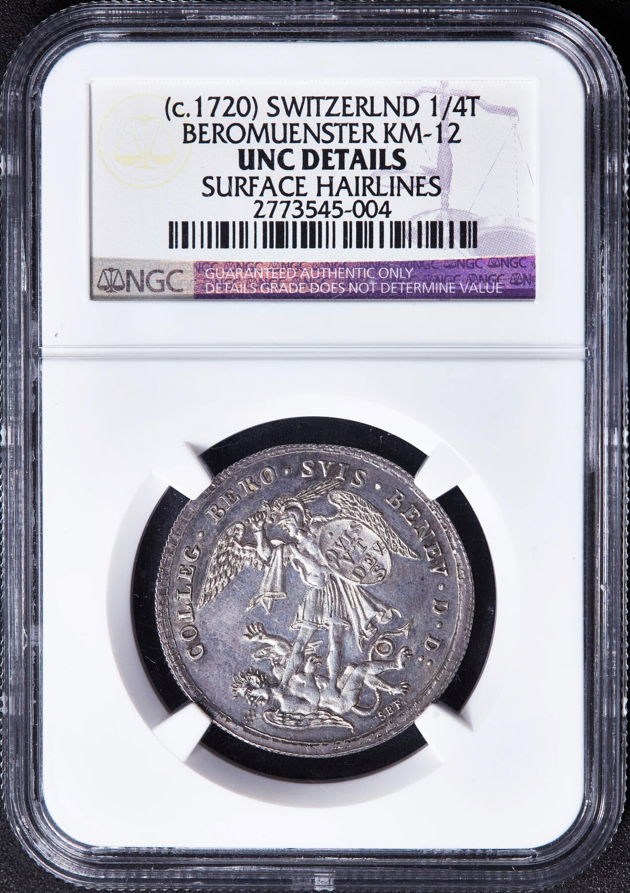 【俄甄集藏】满园春色-2026年(051)04-22星期三 晚 19:30 全场包邮 瑞士卢塞恩1720年贝罗明斯特修道院建成1000周年1/4泰勒纪念银币，NGC UNCD，底板凝霜，紫罗兰包浆，稀少品种，卢塞恩造币厂厂长、雕刻师约翰·乌尔里希·布鲁帕赫作品