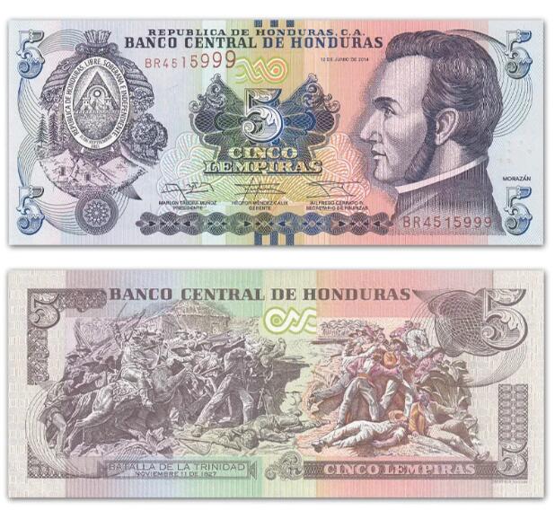 沈掌柜专场（全场保真） 【豹子号999】美洲-洪都拉斯5伦皮拉纸币 2014年 P-98