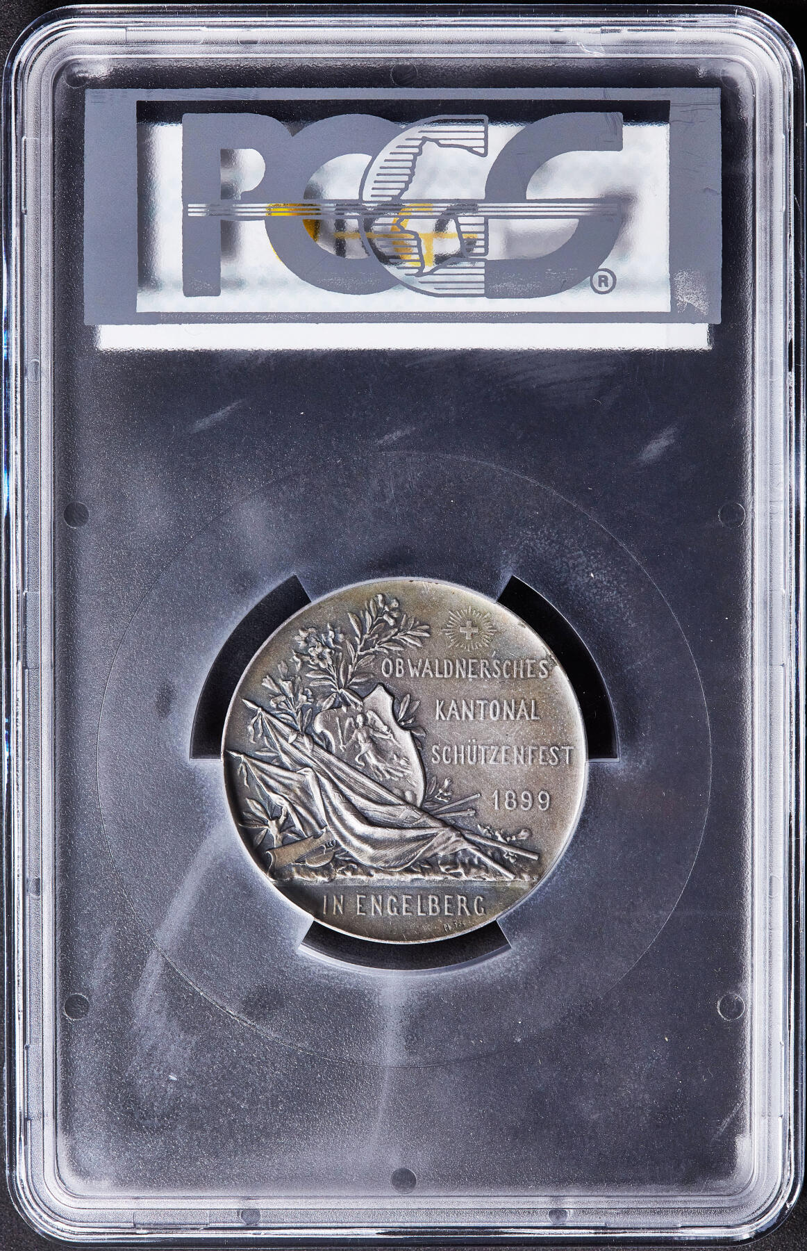 【俄甄集藏】满园春色-2026年(051)04-22星期三 晚 19:30 全场包邮 瑞士1899年纪念上瓦尔登-恩格尔贝格射击节大银章，PCGS SP63，五彩包浆，高浮雕，少见品种，直径：45mm