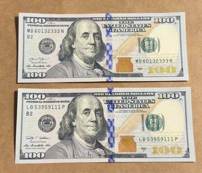 【礼羽收藏】🌏世界钱币拍卖第132期 - 09年彩版100美元无4.7豹子号两张全新unc品相