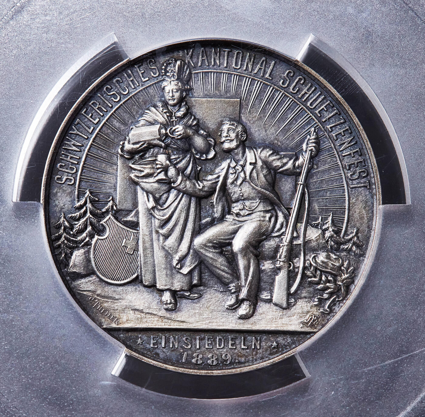 【俄甄集藏】满园春色-2026年(051)04-22星期三 晚 19:30 全场包邮 瑞士1889年纪念艾恩西德尔恩射击节大银章，PCGS SP63，酱彩老包浆，少见品种，亚军分，直径：45mm