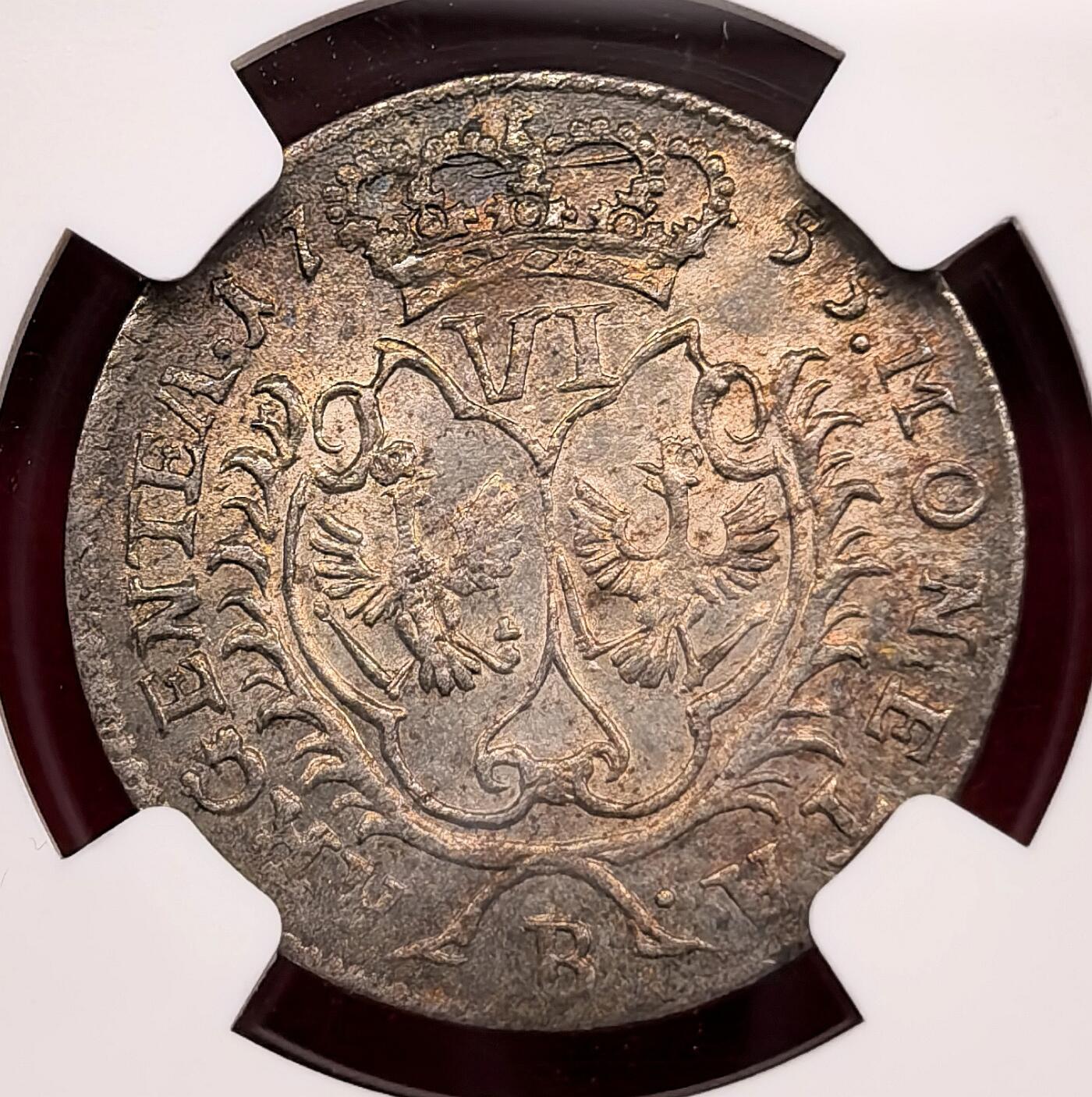 凡希社世界钱币微拍第三百二十二期 1755普鲁士王国腓特烈大帝6Gro银币NGC-MS62