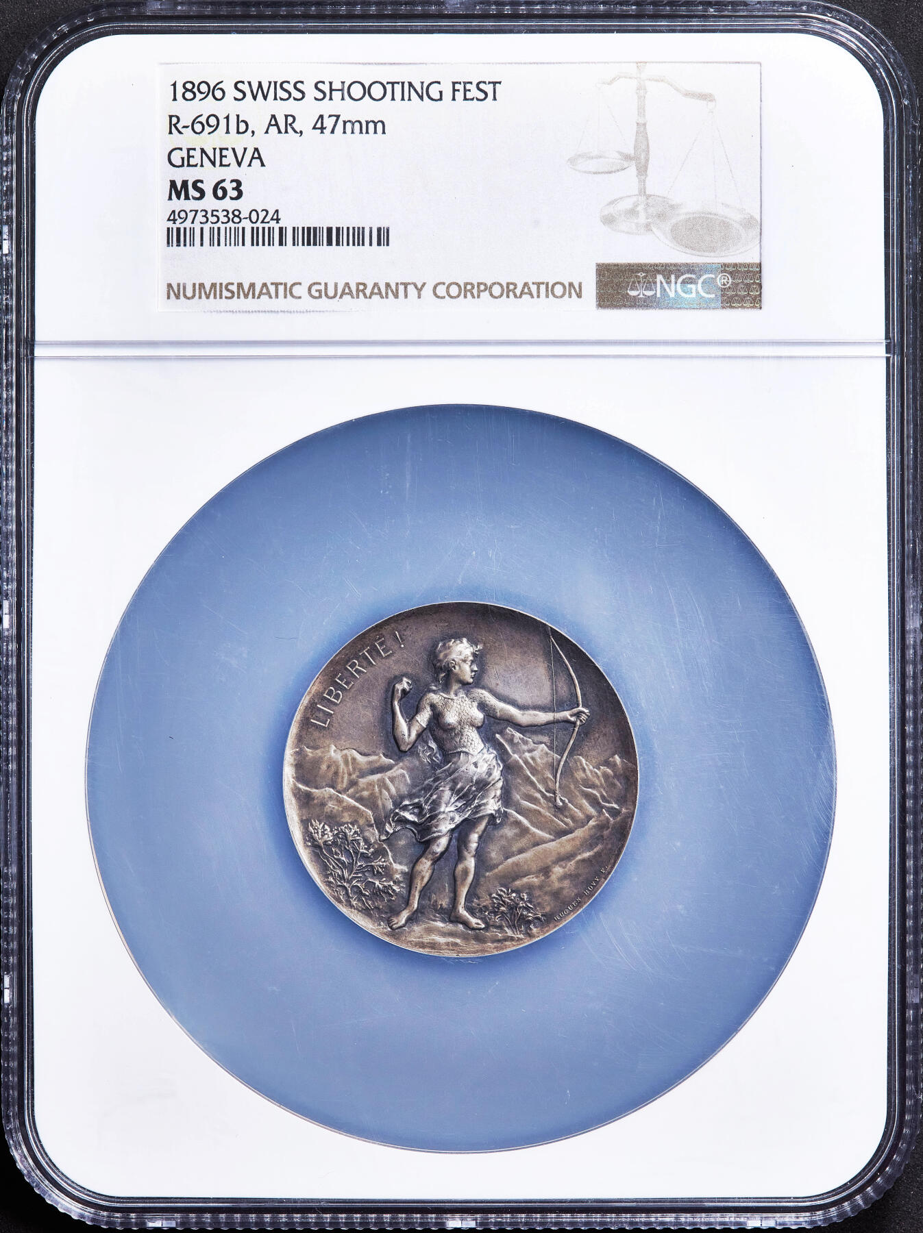 【俄甄集藏】满园春色-2026年(051)04-22星期三 晚 19:30 全场包邮 瑞士1896年纪念日内瓦射击节虎妞射箭大银章，NGC MS63，酱彩老包浆，高浮雕，名誉品种，直径：47mm