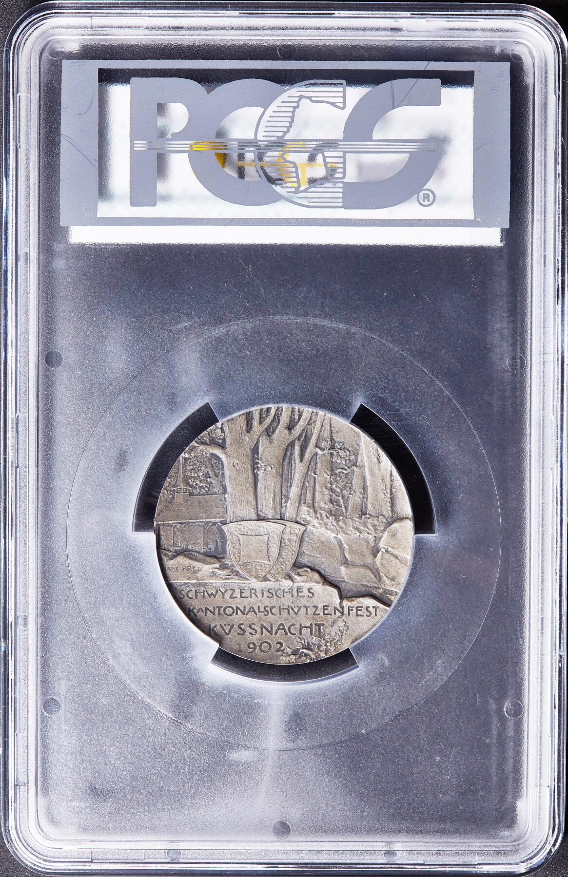 【俄甄集藏】满园春色-2026年(051)04-22星期三 晚 19:30 全场包邮 瑞士1902年纪念施维茨-屈斯纳赫特射击节大银章，PCGS SP63，黄油彩包浆，高浮雕，经典品种，直径：45mm
