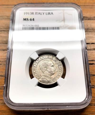 凡希社世界钱币微拍第三百二十二期 - 1913R意大利马车里拉NGC-MS64，圈版少很多。