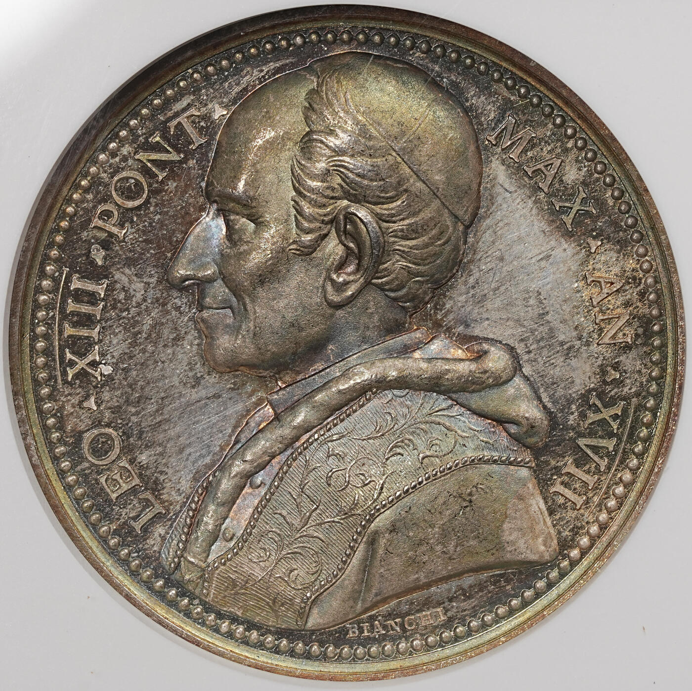 修遠堂世界钱币第111期 NGC MS65 1894 年梵蒂冈利奥十三世印度 - 果阿宗座监牧区纪念银章，幻彩味道一流