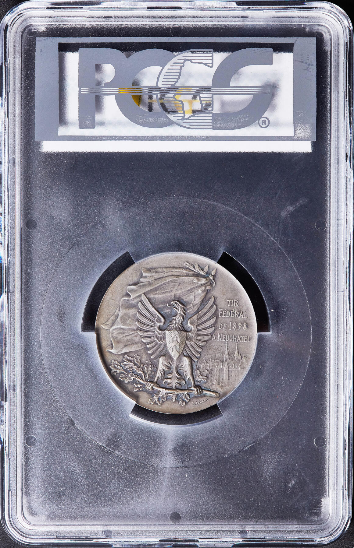 【俄甄集藏】满园春色-2026年(051)04-22星期三 晚 19:30 全场包邮 瑞士1898年纪念纳沙泰尔射击节大银章，PCGS SP64，黄油彩包浆，经典品种，直径：45mm