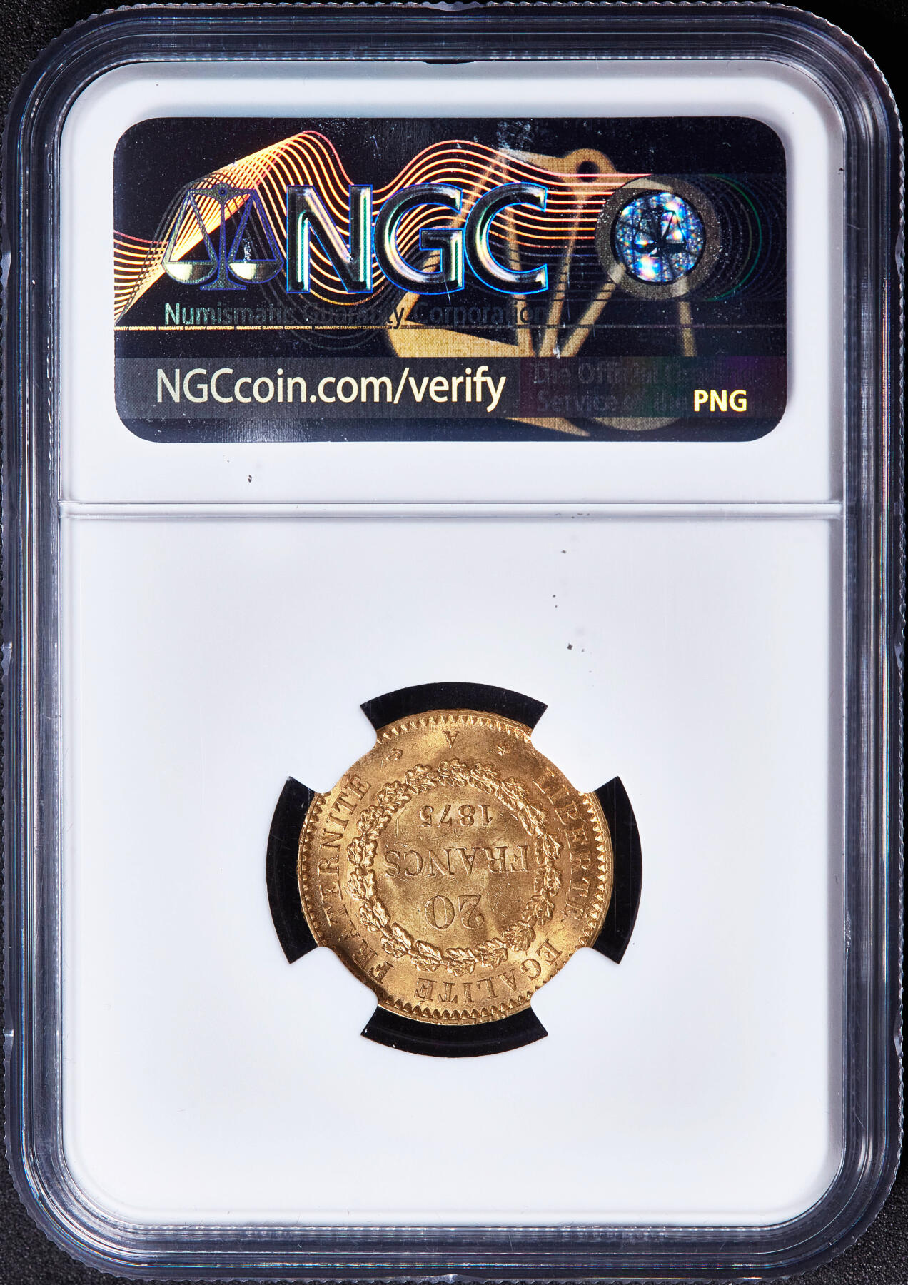 【俄甄集藏】满园春色-2026年(051)04-22星期三 晚 19:30 全场包邮 法国1875年第三共和国A版天使20法郎金币，NGC MS62，重6.4516克，900金，转光品相