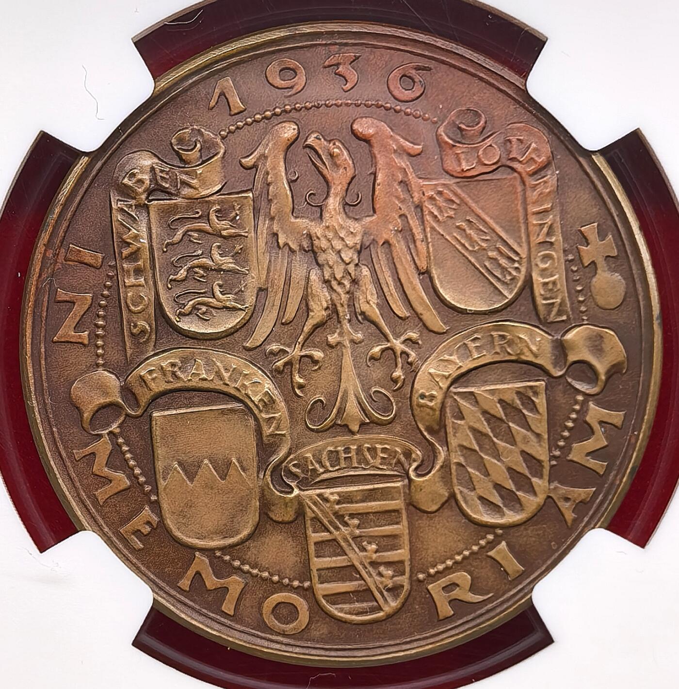 凡希社世界钱币微拍第三百二十二期 1936德国海因里希一世逝世千年纪念铜章NGC-MS63，卡尔哥茨作品，既是历史人物纪念章，更是二十世纪三十年代德意志民族主义思潮的集中体现。