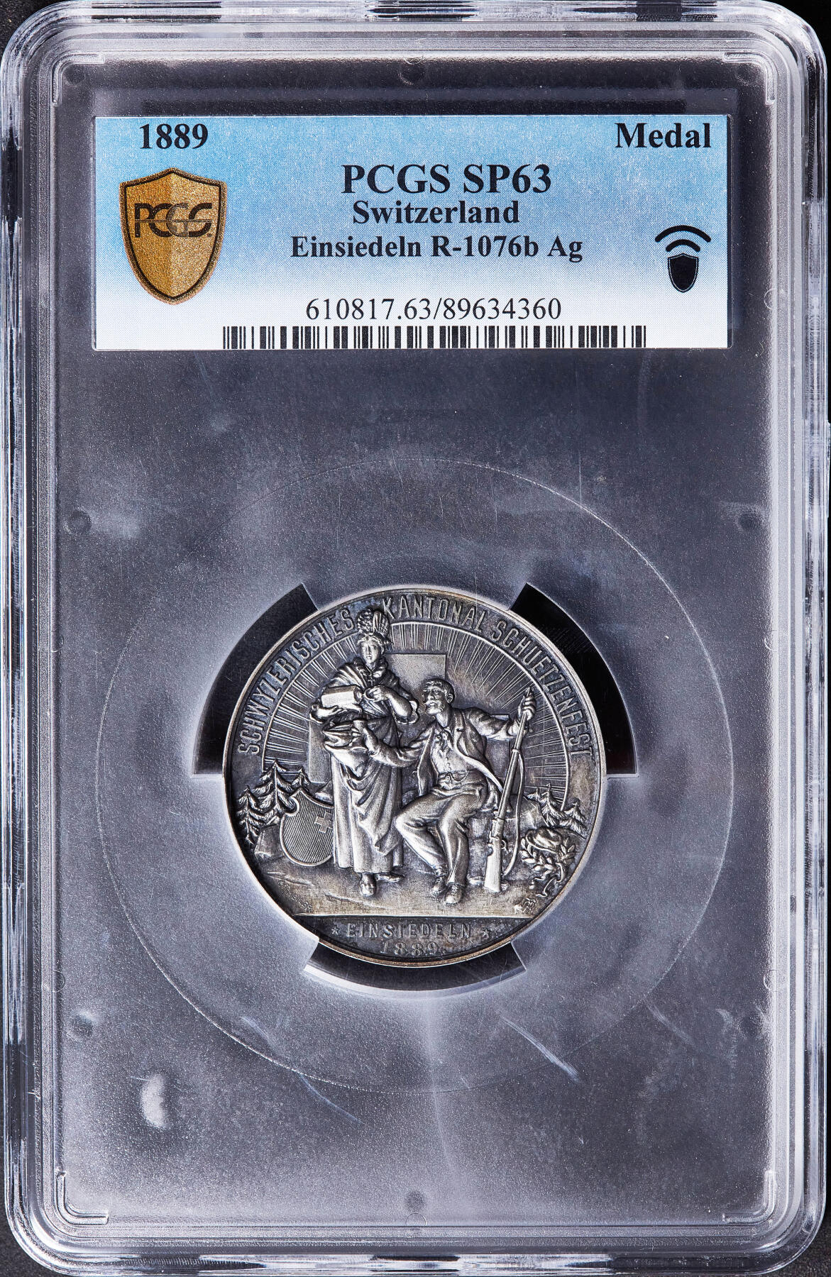 【俄甄集藏】满园春色-2026年(051)04-22星期三 晚 19:30 全场包邮 瑞士1889年纪念艾恩西德尔恩射击节大银章，PCGS SP63，酱彩老包浆，少见品种，亚军分，直径：45mm