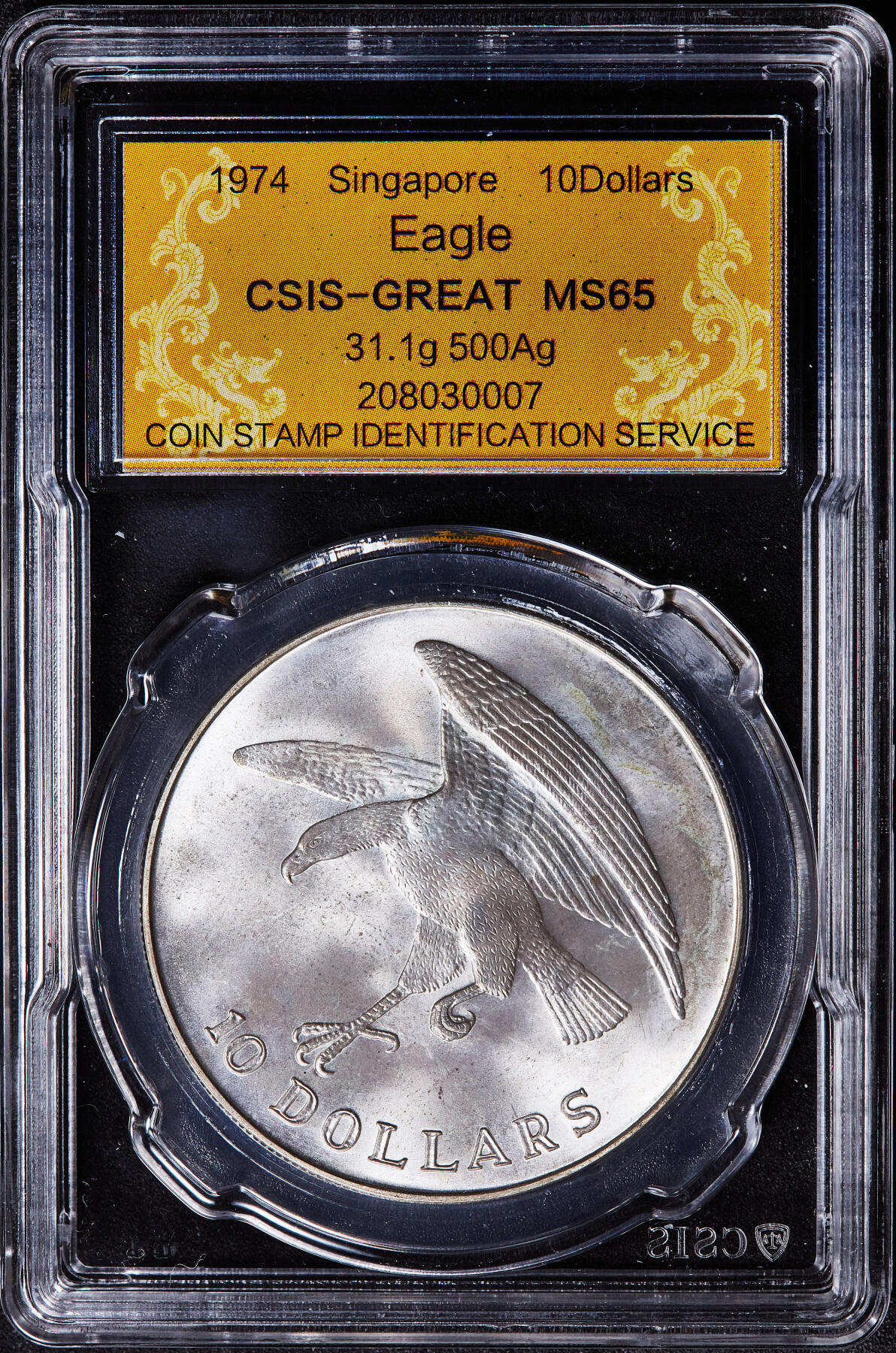 【俄甄集藏】满园春色-2026年(051)04-22星期三 晚 19:30 全场包邮 新加坡1974年老鹰1盎司10元大银币，信泰 MS65，转光品相，经典品种，重31.1克，500银