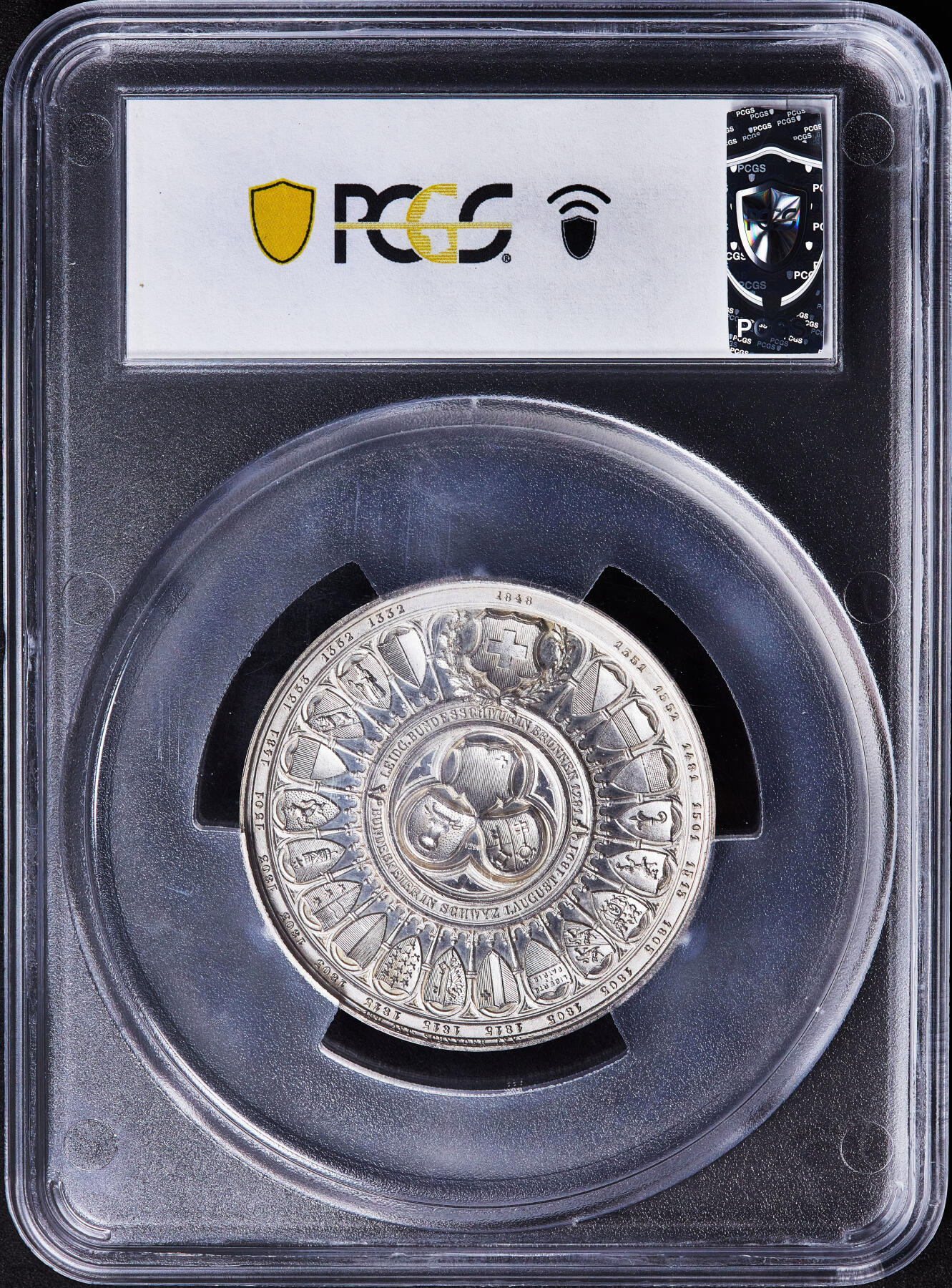 【俄甄集藏】满园春色-2026年(051)04-22星期三 晚 19:30 全场包邮 瑞士1891年纪念联邦成立600周年大银章，PCGS SP63，设计精美，类精制底板，经典品种，直径：50mm