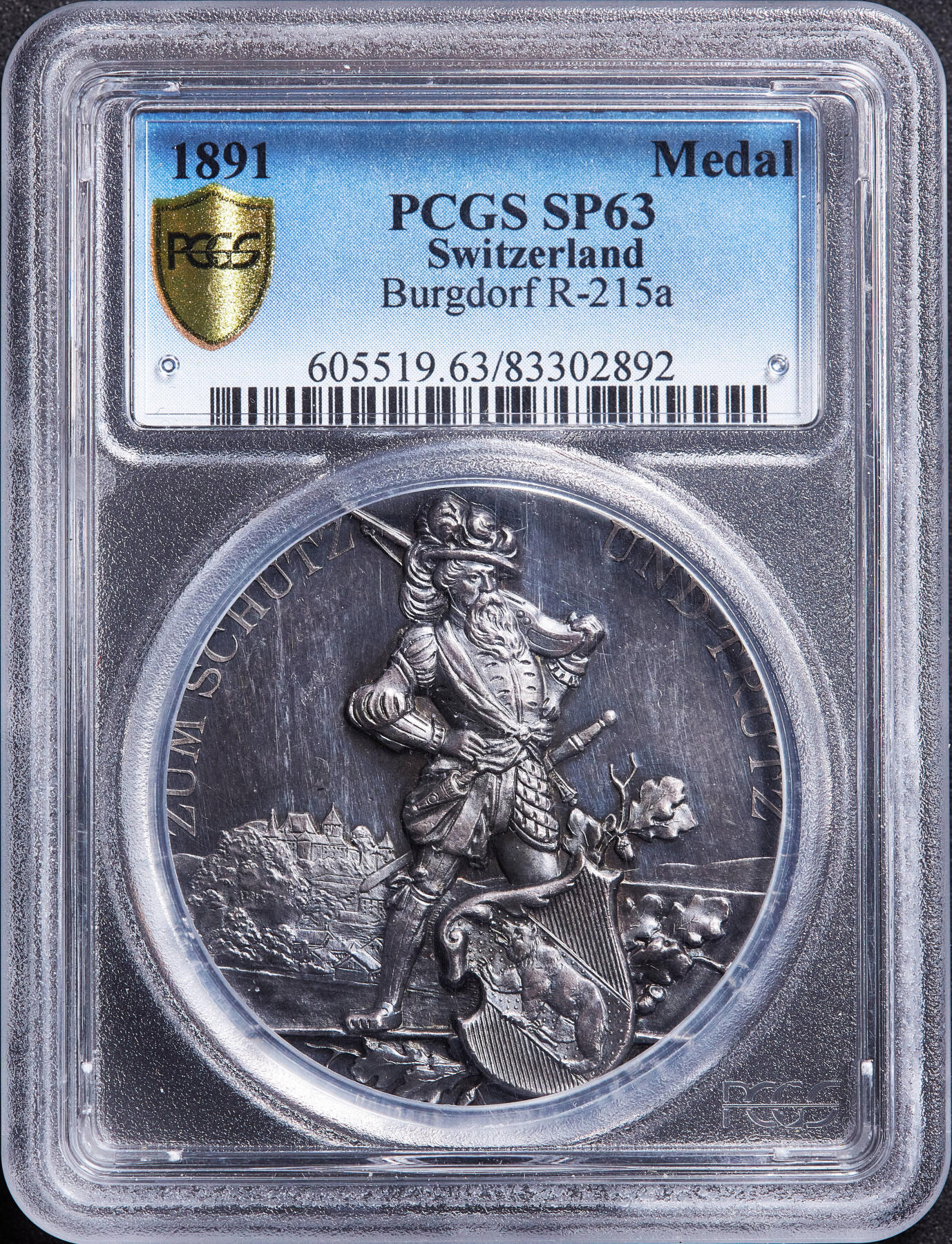 【俄甄集藏】满园春色-2026年(051)04-22星期三 晚 19:30 全场包邮 瑞士1891年纪念伯尔尼-布格多夫射击节大银章，PCGS SP63，酱彩包浆，高浮雕，天使丘比特，冠军分，经典品种
