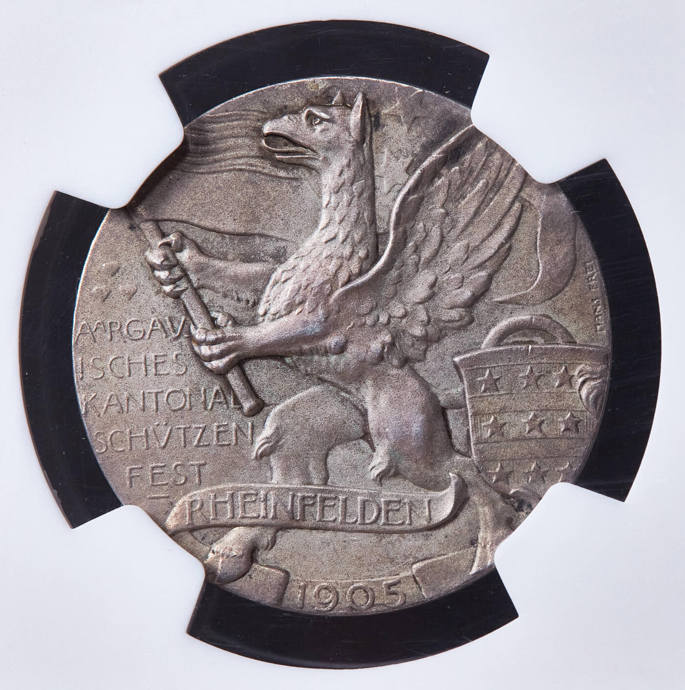 【俄甄集藏】满园春色-2026年(051)04-22星期三 晚 19:30 全场包邮 瑞士1905年纪念阿尔高-莱茵费尔登射击节银章，NGC MS64，黄油彩包浆，高浮雕，格里芬狮鹫，设计精美