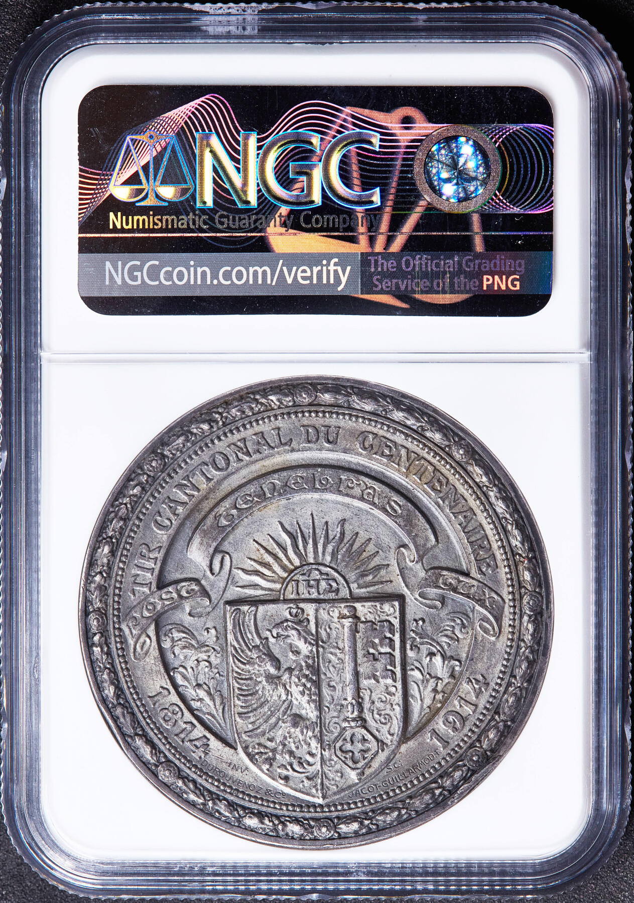 【俄甄集藏】满园春色-2026年(051)04-22星期三 晚 19:30 全场包邮 瑞士1914年日内瓦射击节百年纪念大银章，NGC MS64，酱彩包浆，高浮雕，少见品种