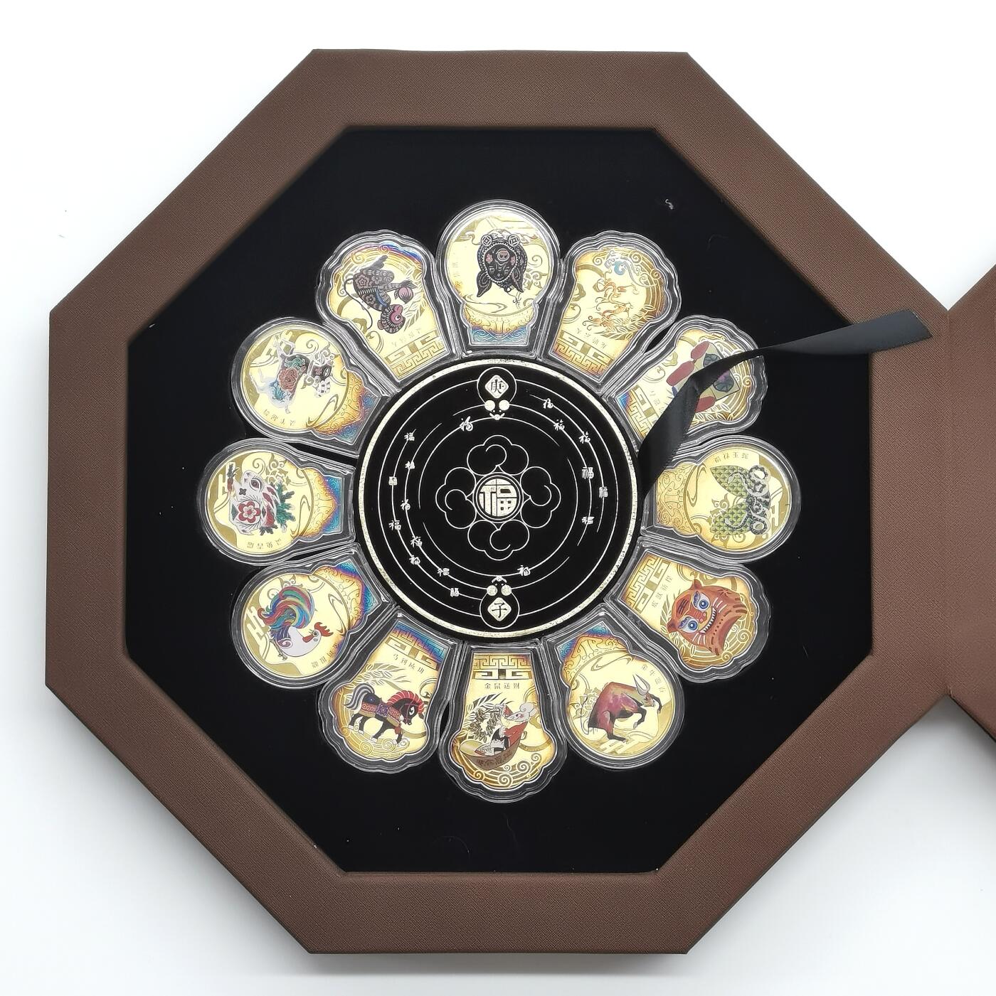 博洋堂世界钱币拍卖第168期（全场包邮） 百福齐聚生肖币，十二生肖主题纪念银币，999纯银镀金，5g*12，购于平安银行，发票证书齐全