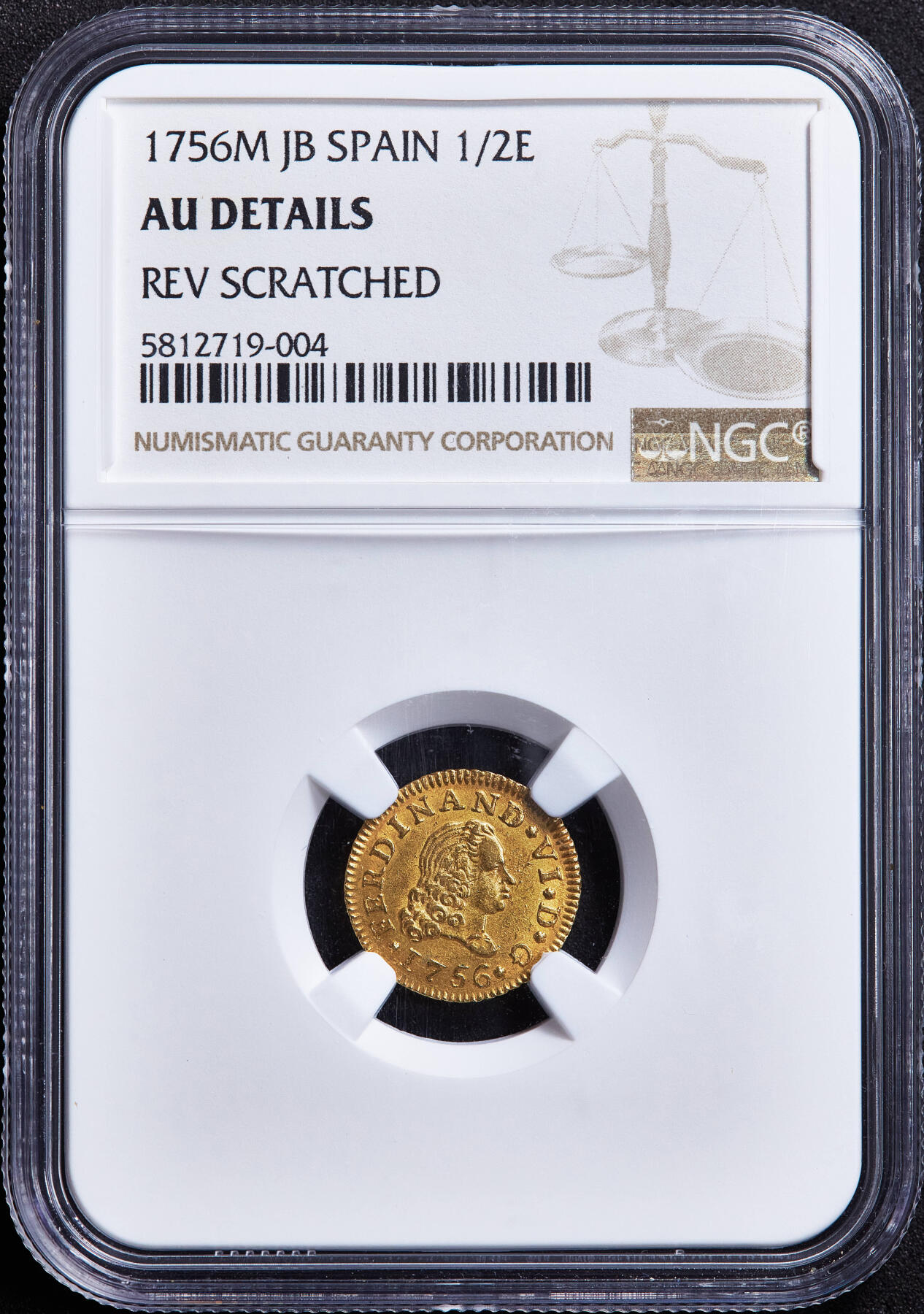 【俄甄集藏】满园春色-2026年(051)04-22星期三 晚 19:30 全场包邮 西班牙1756年费尔南多六世M JB版1/2埃斯库多金币，NGC AUD，重1.69克，917金，细节犀利，稀少品种