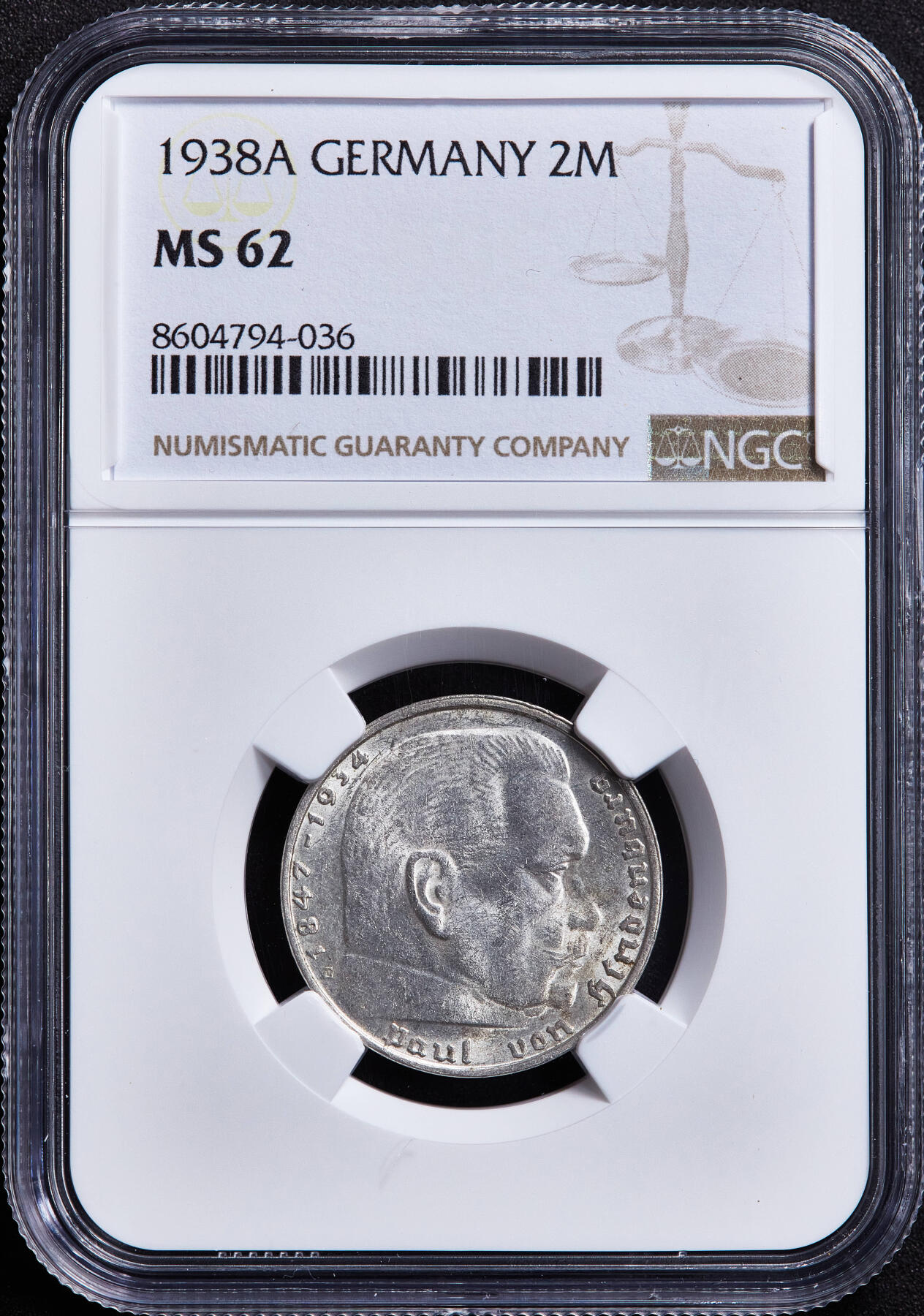 【俄甄集藏】满园春色-2026年(051)04-22星期三 晚 19:30 全场包邮 德国第三帝国1938年A版兴登堡党徽2马克银币，NGC MS62，原味转光，原图至官网查询或联系客服