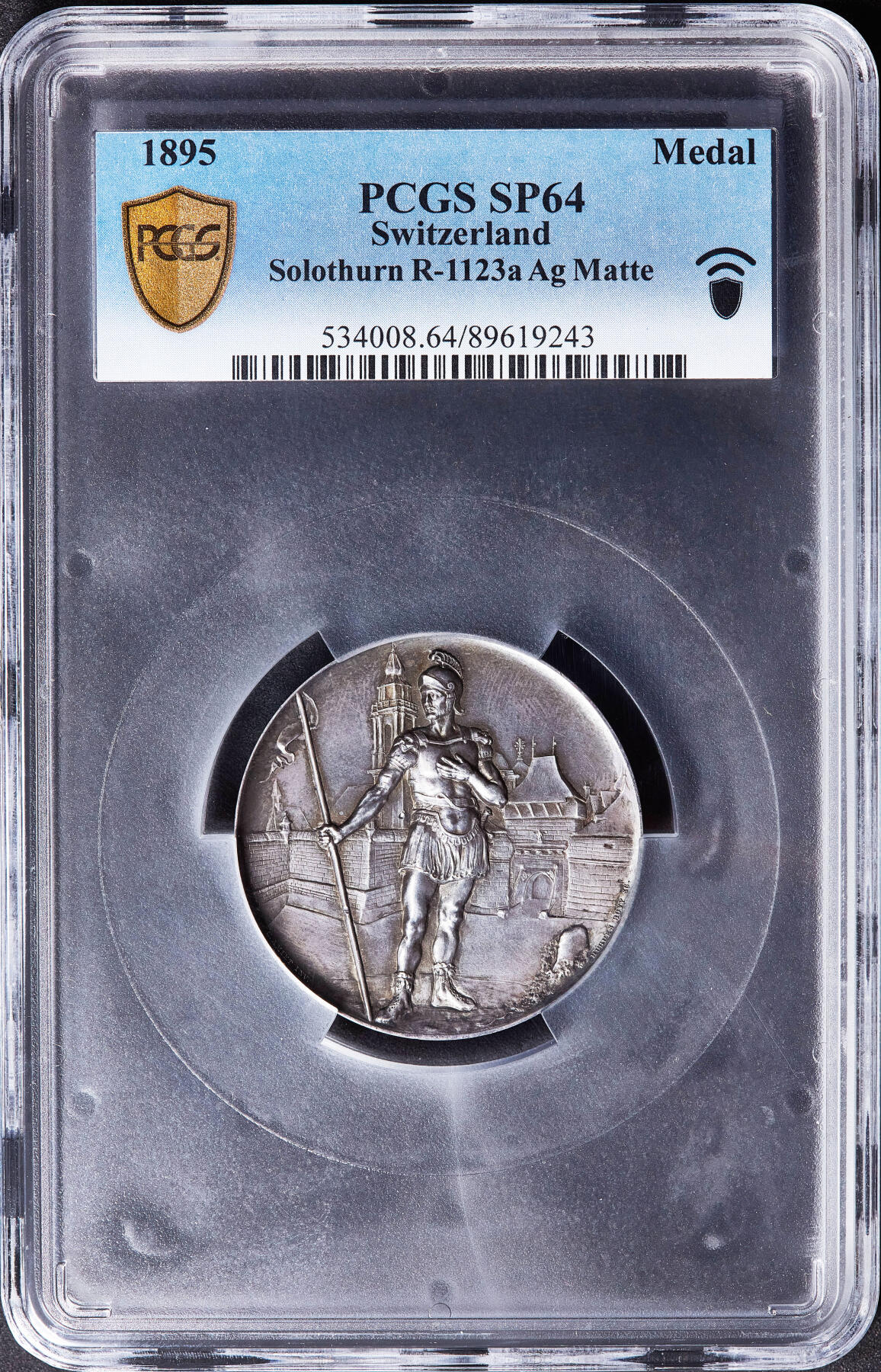 【俄甄集藏】满园春色-2026年(051)04-22星期三 晚 19:30 全场包邮 瑞士1895年纪念索洛图恩射击节大银章，PCGS SP64，黄油酱彩包浆，高浮雕，类精制底板，设计精美，少见品种，直径：45mm
