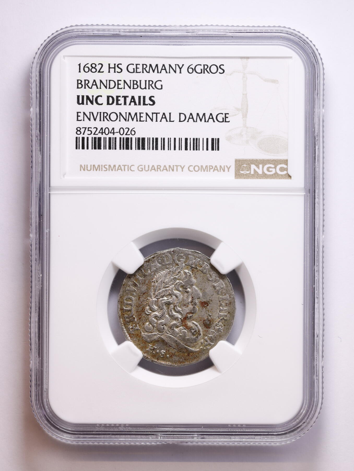 观钱 近现代机制币拍卖No.008（全场顺丰包邮，不区分偏远地区）  1682 HS 神圣罗马帝国 勃兰登堡选帝侯 腓特烈・威廉6 格罗申银币 NGC UNC Details 17世纪德国邦国银币的早期代表,欧洲古币收藏的热门品类。