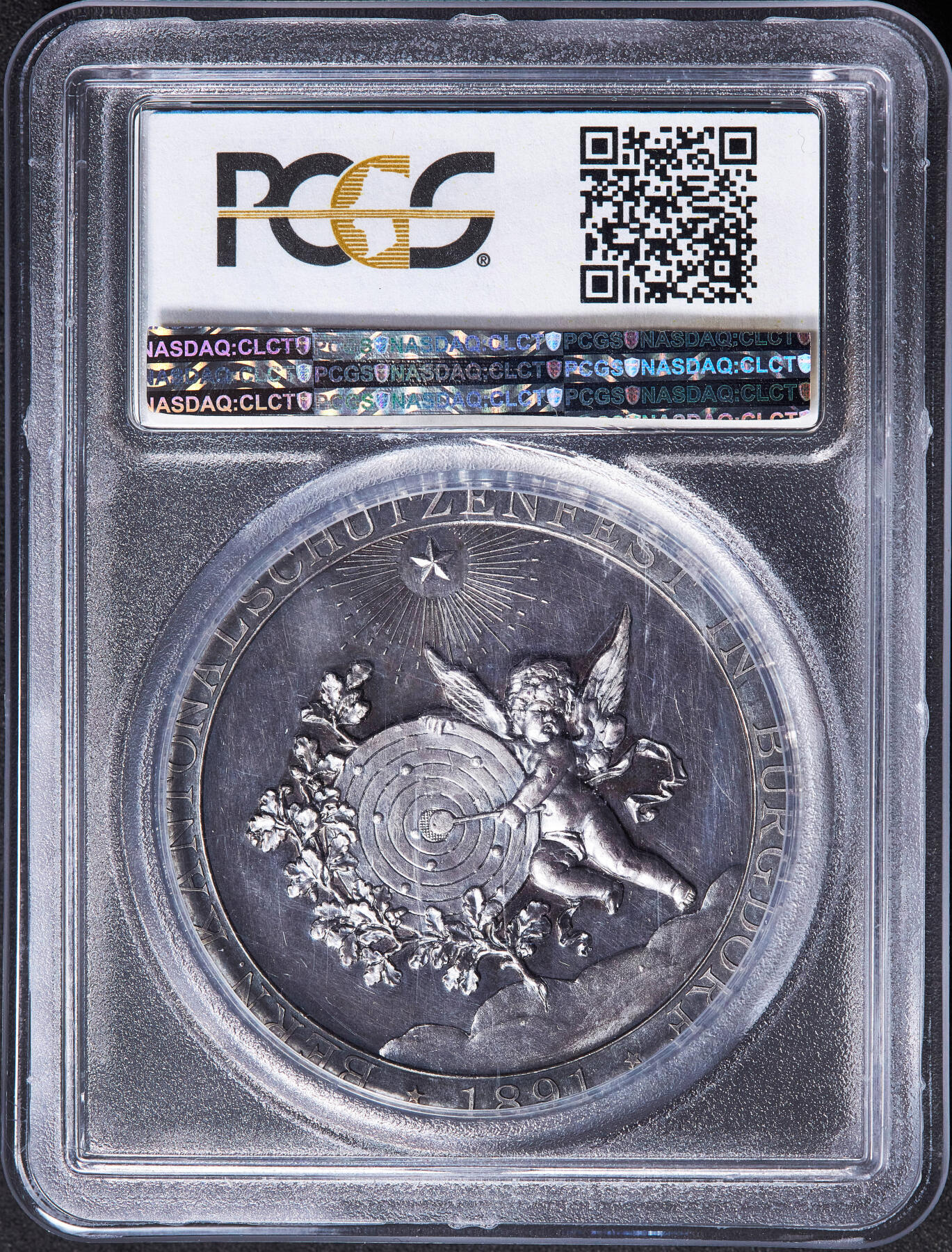 【俄甄集藏】满园春色-2026年(051)04-22星期三 晚 19:30 全场包邮 瑞士1891年纪念伯尔尼-布格多夫射击节大银章，PCGS SP63，酱彩包浆，高浮雕，天使丘比特，冠军分，经典品种