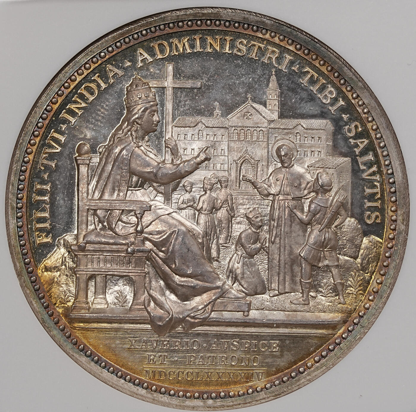 修遠堂世界钱币第111期 NGC MS65 1894 年梵蒂冈利奥十三世印度 - 果阿宗座监牧区纪念银章，幻彩味道一流