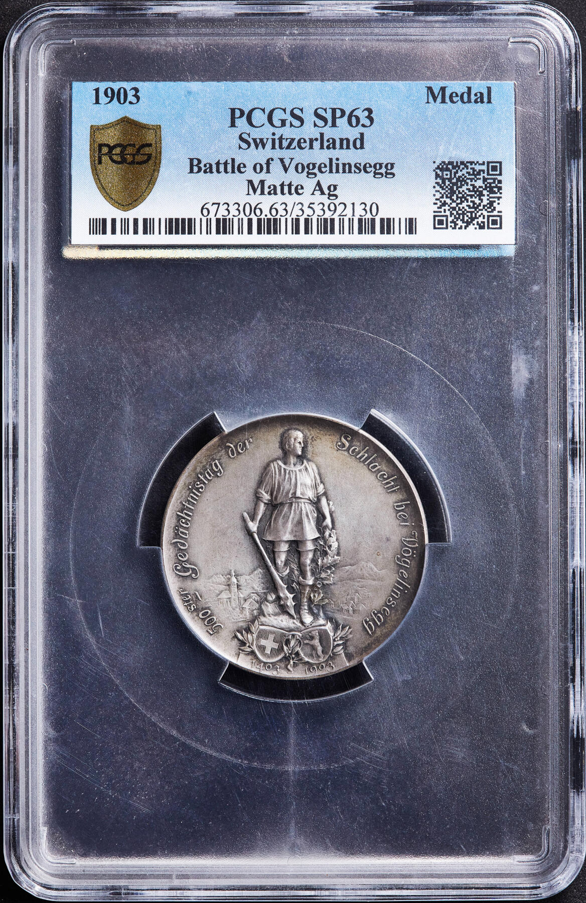 【俄甄集藏】满园春色-2026年(051)04-22星期三 晚 19:30 全场包邮 瑞士1903年纪念反抗哈布斯堡王朝弗格林塞格战役500周年大银章，PCGS SP63，黄油酱彩老包浆，高浮雕，设计精美，稀有品种，冠军分数，直径：45mm