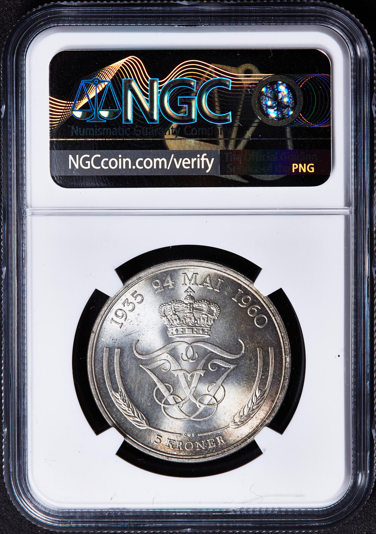 【俄甄集藏】满园春色-2026年(051)04-22星期三 晚 19:30 全场包邮 丹麦1960年弗雷德里克九世CS版银婚纪念5克朗银币，NGC MS65，重17克，80%银，黄油环彩，顶级转光