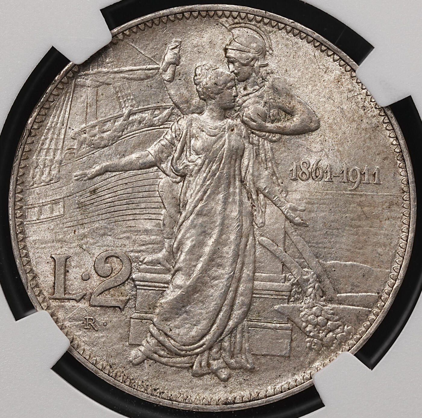 修遠堂世界钱币第111期 NGC MS64 1911年意大利建国50周年纪念2里拉银币，大名鼎鼎的托奶图案