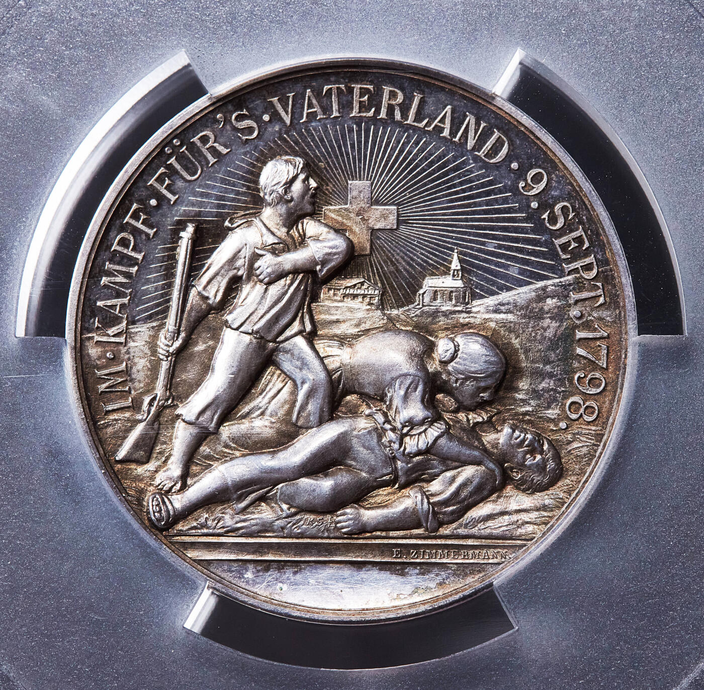 【俄甄集藏】满园春色-2026年(051)04-22星期三 晚 19:30 全场包邮 瑞士1898年纪念恩内特莫斯射击节大银章，PCGS SP64，黄油彩包浆，高浮雕，类精制底板，设计精美，稀少品种，直径：45mm