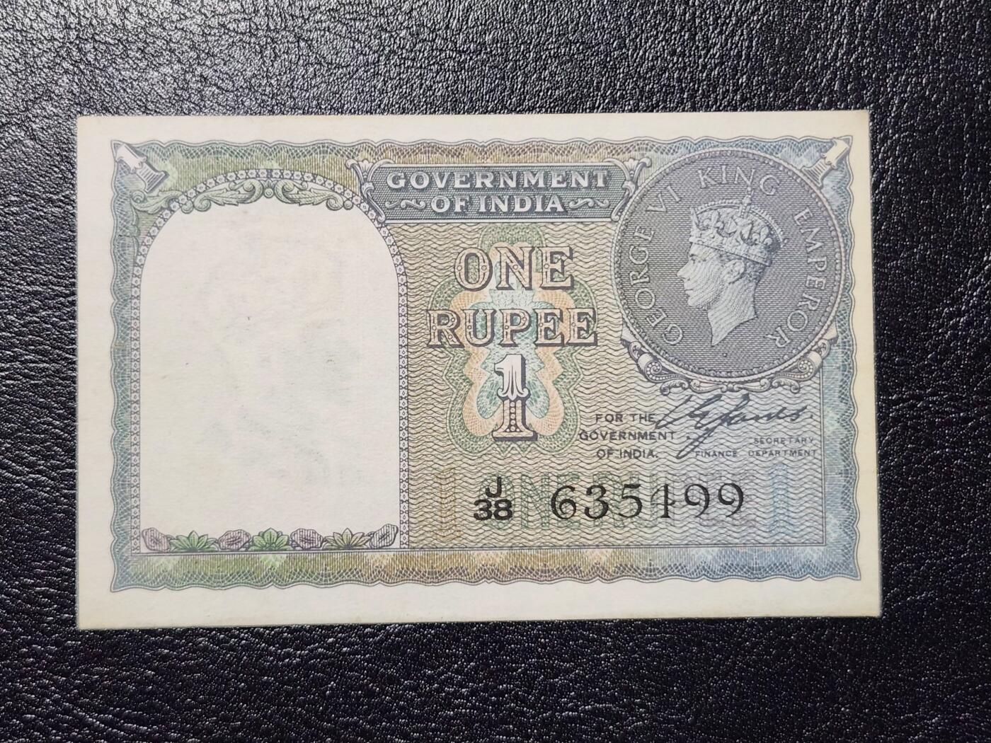 4月11号晚上8点 中外纸币自动截拍第55场 印度 1940年1卢比 首版 黑号 极美品近新难得