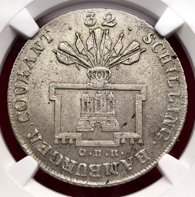 凡希社世界钱币微拍第三百二十二期 - 1796汉堡自由市城徽双头鹰32先令（泰勒）大银NGC-MS64，1796年正值拿破仑战争前夕，汉堡作为汉萨同盟核心城市，该币是其维持北欧贸易霸权的货币象征。淡彩收藏级品质！