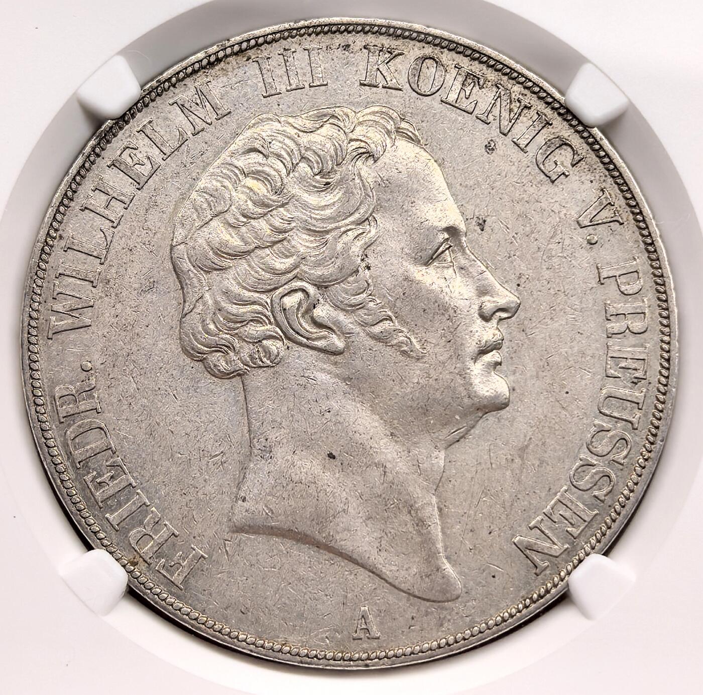 凡希社世界钱币微拍第三百二十二期 1840德国普鲁士威廉三世2泰勒大银NGC-AU55，1840年是弗里德里希·威廉三世在位的最后一年，铸造量仅50000枚，远低于前期的常规年份。（视频参考）