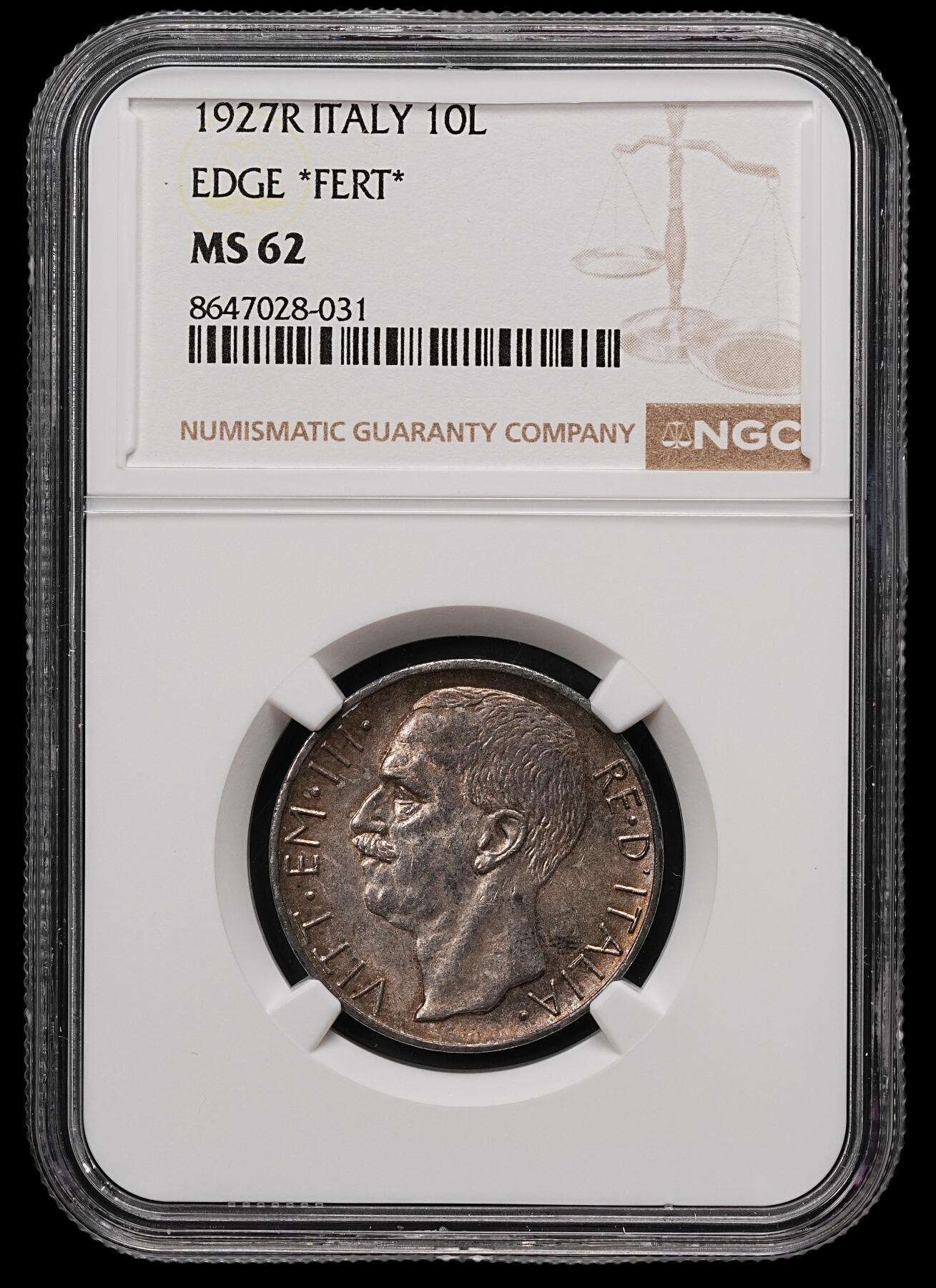 修遠堂世界钱币第111期 NGC MS62  1927年意大利马车10里拉银币