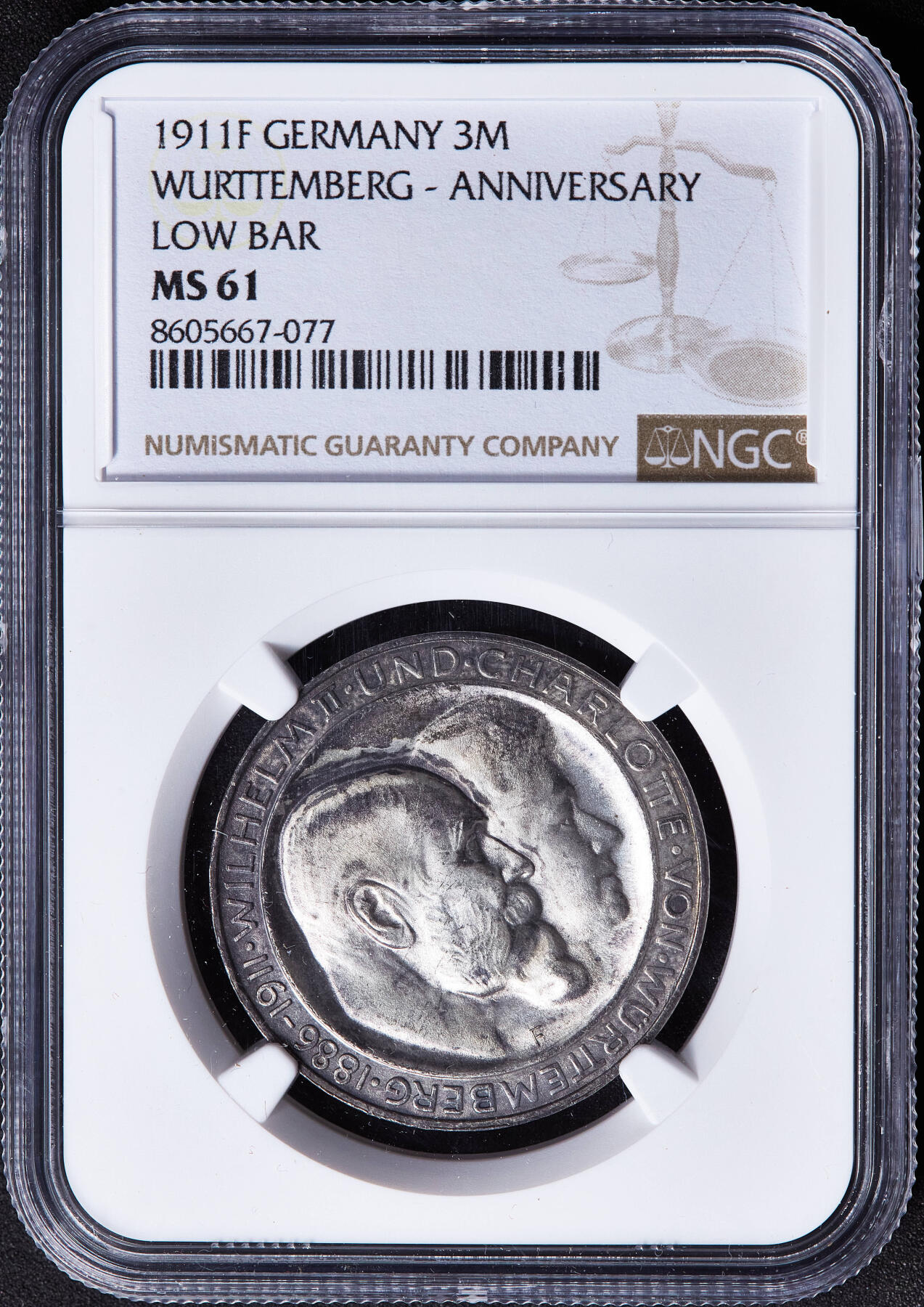 【俄甄集藏】满园春色-2026年(051)04-22星期三 晚 19:30 全场包邮 德国符腾堡1911年F版国王威廉二世银婚纪念3马克银币，NGC MS61，酱彩包浆，类精制底板，转光品相