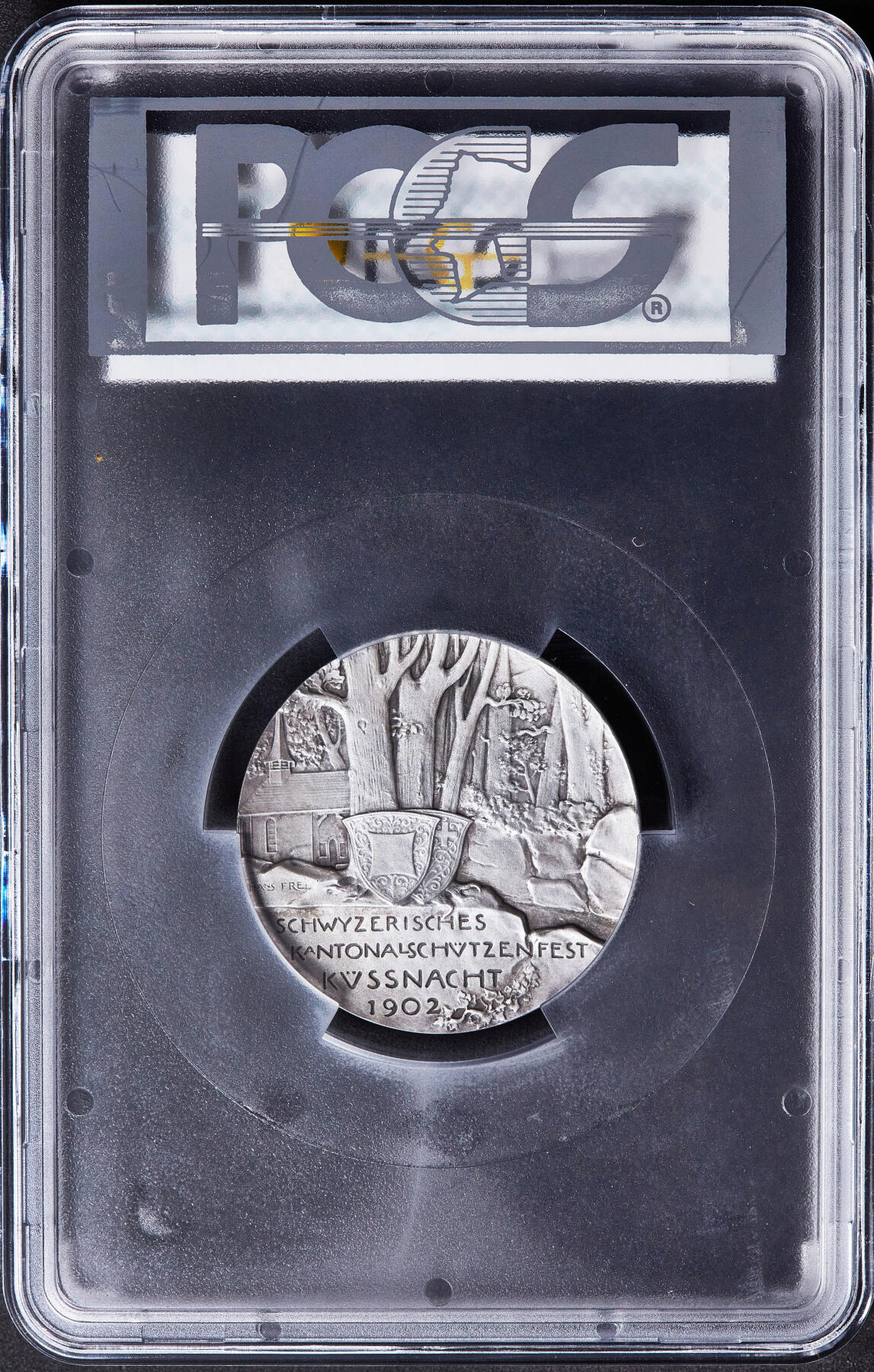 【俄甄集藏】满园春色-2026年(051)04-22星期三 晚 19:30 全场包邮 瑞士1902年纪念施维茨-屈斯纳赫特射击节大银章，PCGS SP64，酱高浮雕，设计精美，亚军，直径：45mm