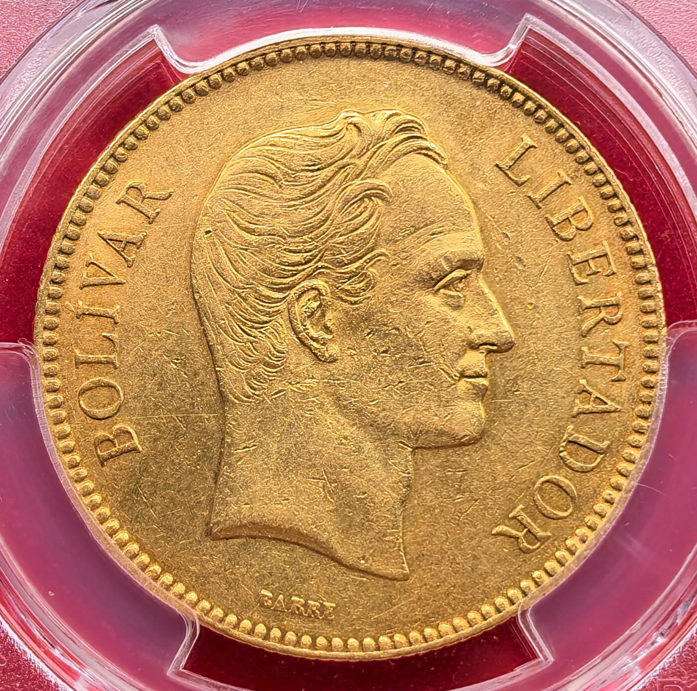凡希社世界钱币微拍第三百二十二期 荐！1887委内瑞拉100Bol大金币PCGS-AU53，33.436g，900金。此币是委内瑞拉共和国成立后首款大面额金币，用于国际贸易结算与高值流通，1887年版为该面值的经典年份，铸造量远低于后续年份！（视频参考）