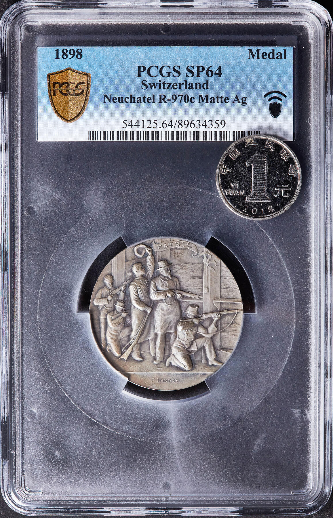 【俄甄集藏】满园春色-2026年(051)04-22星期三 晚 19:30 全场包邮 瑞士1898年纪念纳沙泰尔射击节大银章，PCGS SP64，黄油彩包浆，经典品种，直径：45mm