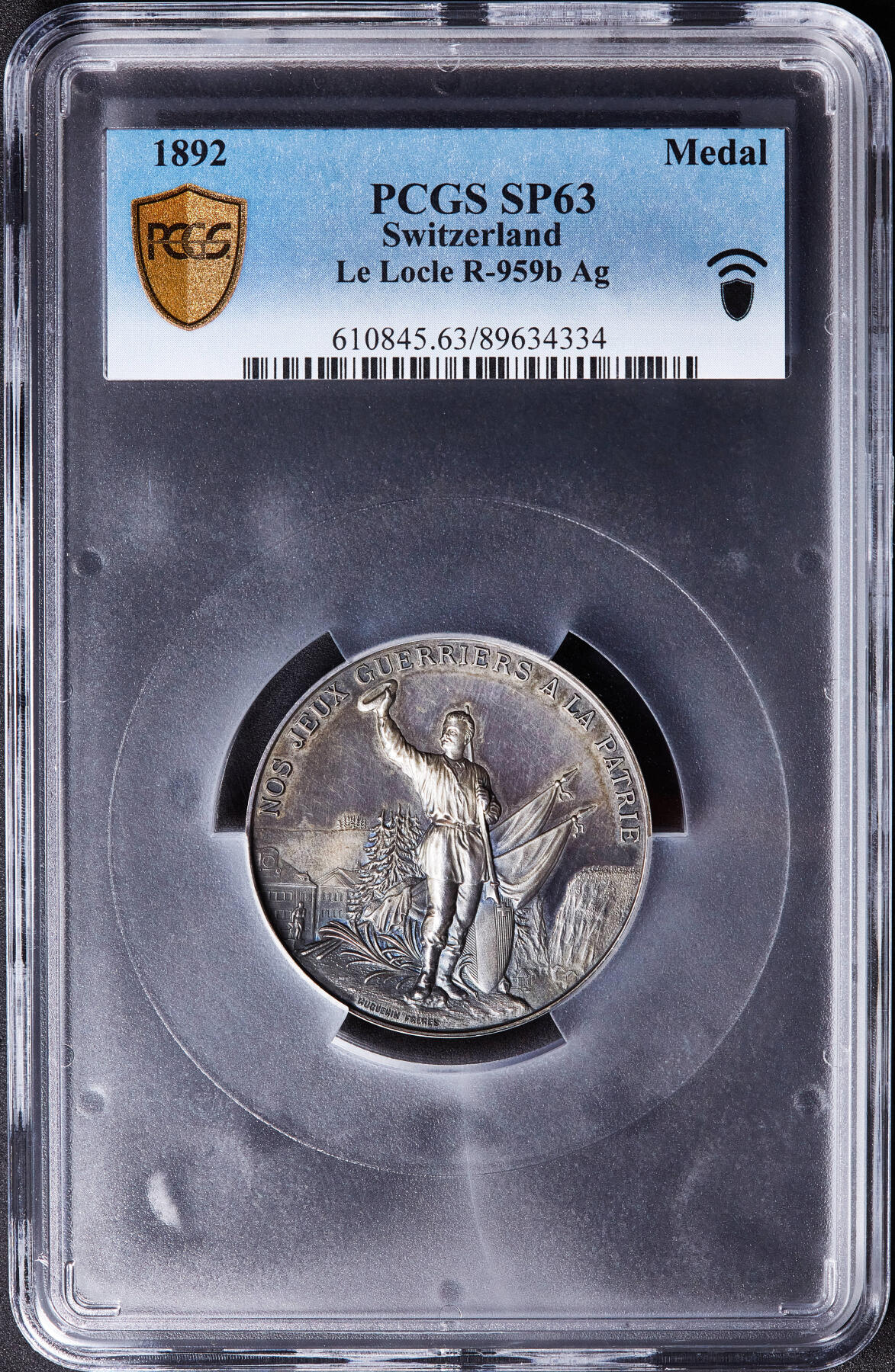 【俄甄集藏】满园春色-2026年(051)04-22星期三 晚 19:30 全场包邮 瑞士1892年纪念纳沙泰尔-勒洛克勒射击节大银章，PCGS SP63，紫罗兰酱彩包浆，高浮雕，类精制底板，稀少品种，直径：45mm