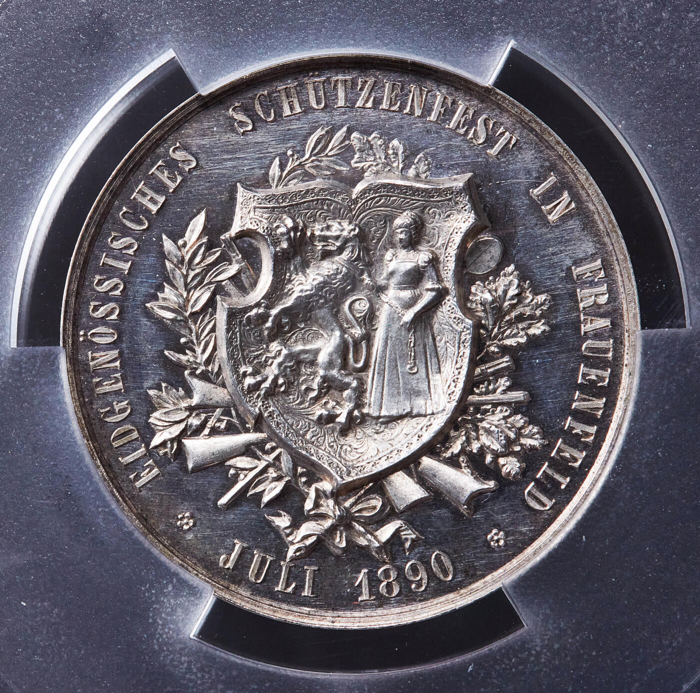 【俄甄集藏】满园春色-2026年(051)04-22星期三 晚 19:30 全场包邮 瑞士1890年纪念图尔高射击节大银章，PCGS SP63，黄油彩包浆，高浮雕，类精制底板，经典品种，直径：45mm
