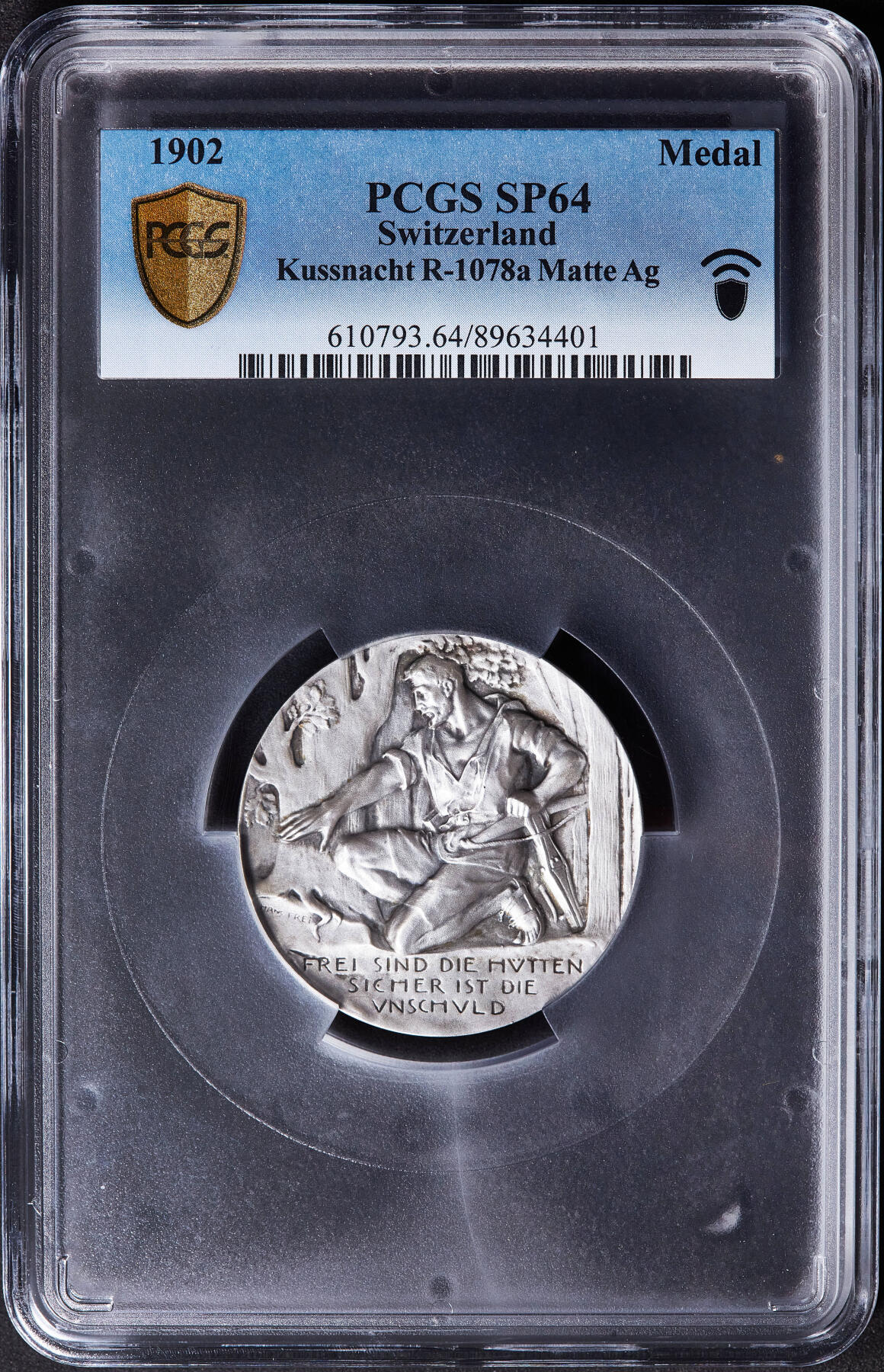 【俄甄集藏】满园春色-2026年(051)04-22星期三 晚 19:30 全场包邮 瑞士1902年纪念施维茨-屈斯纳赫特射击节大银章，PCGS SP64，酱高浮雕，设计精美，亚军，直径：45mm