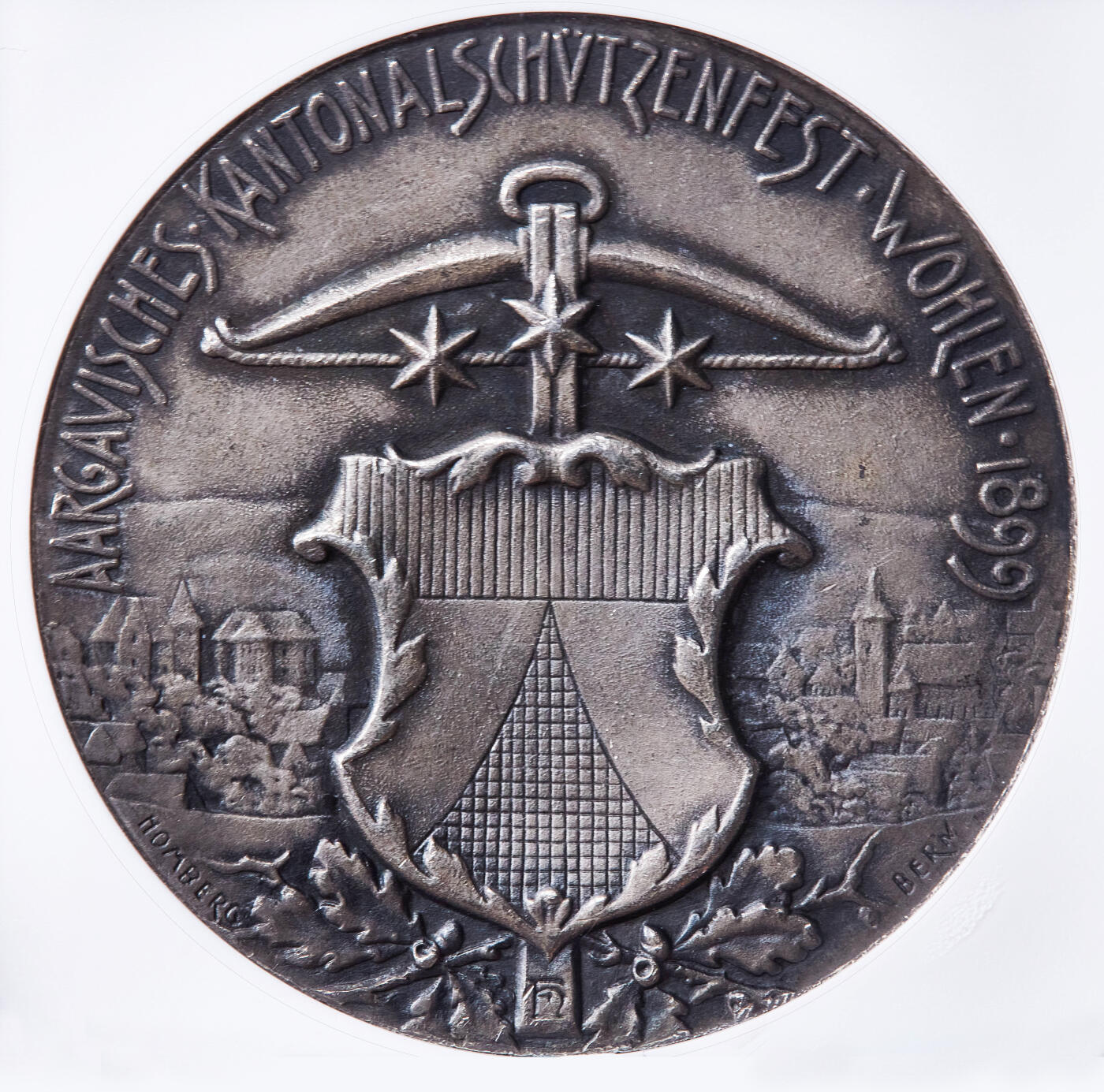 【俄甄集藏】满园春色-2026年(051)04-22星期三 晚 19:30 全场包邮 瑞士1899年纪念阿尔高-沃伦射击节大银章，NGC MS63，酱彩包浆，高浮雕，纺织妇女设计经典，少见品种