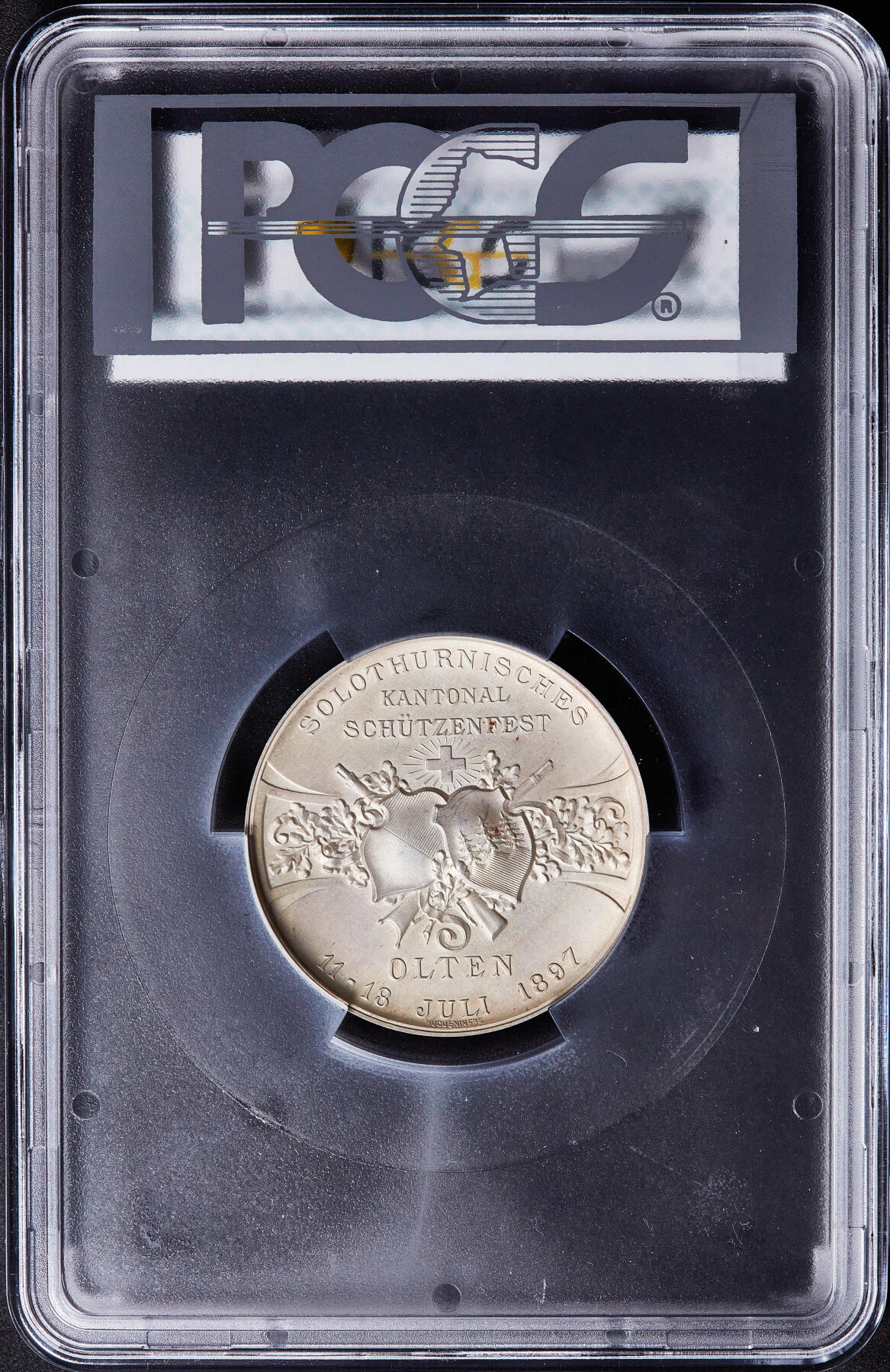 【俄甄集藏】满园春色-2026年(051)04-22星期三 晚 19:30 全场包邮 瑞士1897年纪念索洛图恩-奥尔滕射击节大银章，PCGS SP63，黄油彩包浆，高浮雕，经典品种，直径：45mm