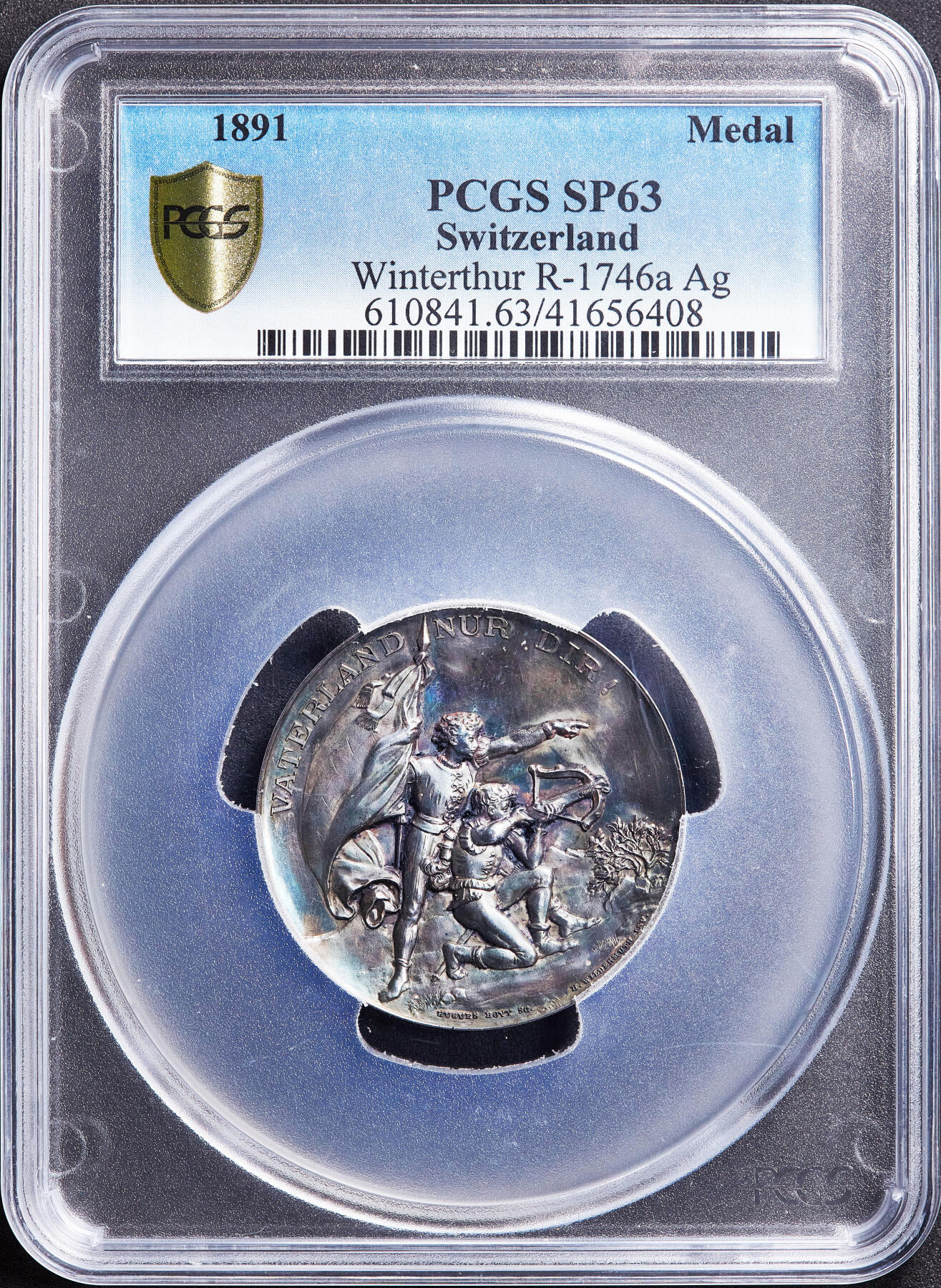 【俄甄集藏】满园春色-2026年(051)04-22星期三 晚 19:30 全场包邮 瑞士1891年纪念苏黎世-温特图尔射击节大银章，PCGS SP63，五彩包浆，高浮雕，少见品种，直径：45mm