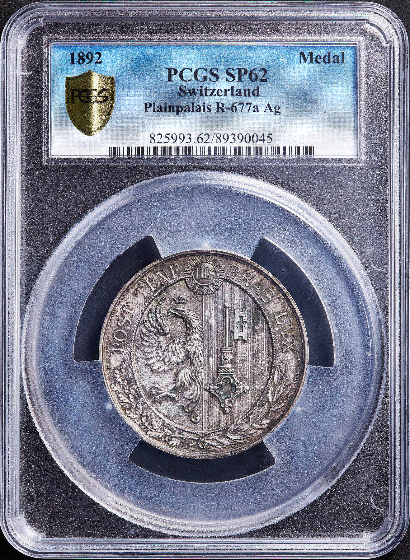 【俄甄集藏】满园春色-2026年(051)04-22星期三 晚 19:30 全场包邮 瑞士1892年纪念日内瓦-普兰帕莱市政节日大银章，PCGS SP62，设计精美，类精制底板，原味酱彩老包浆，季军，直径：50mm